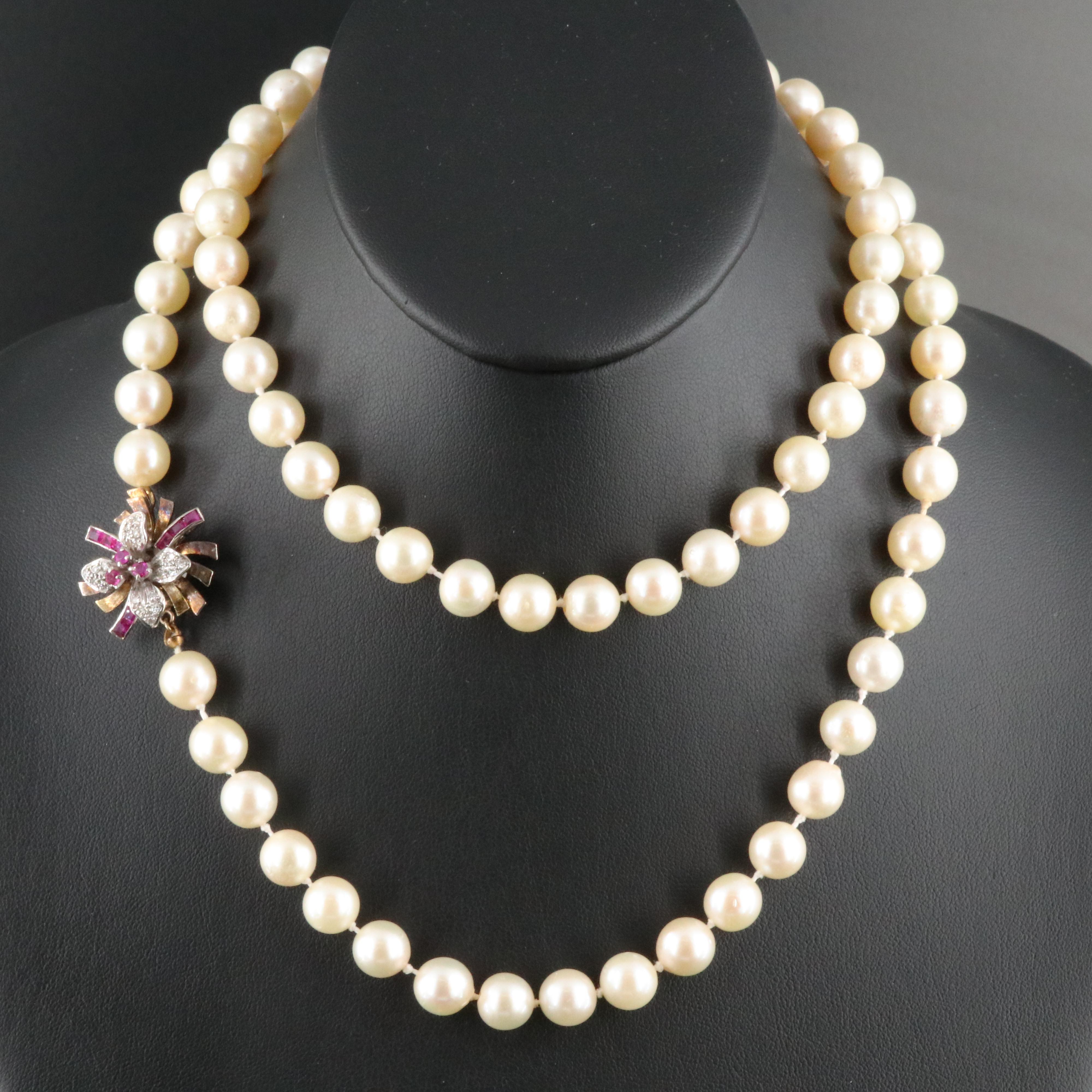 Pearl Necklace with 18k and 14K Two Tone Diamond and Ruby Clasp