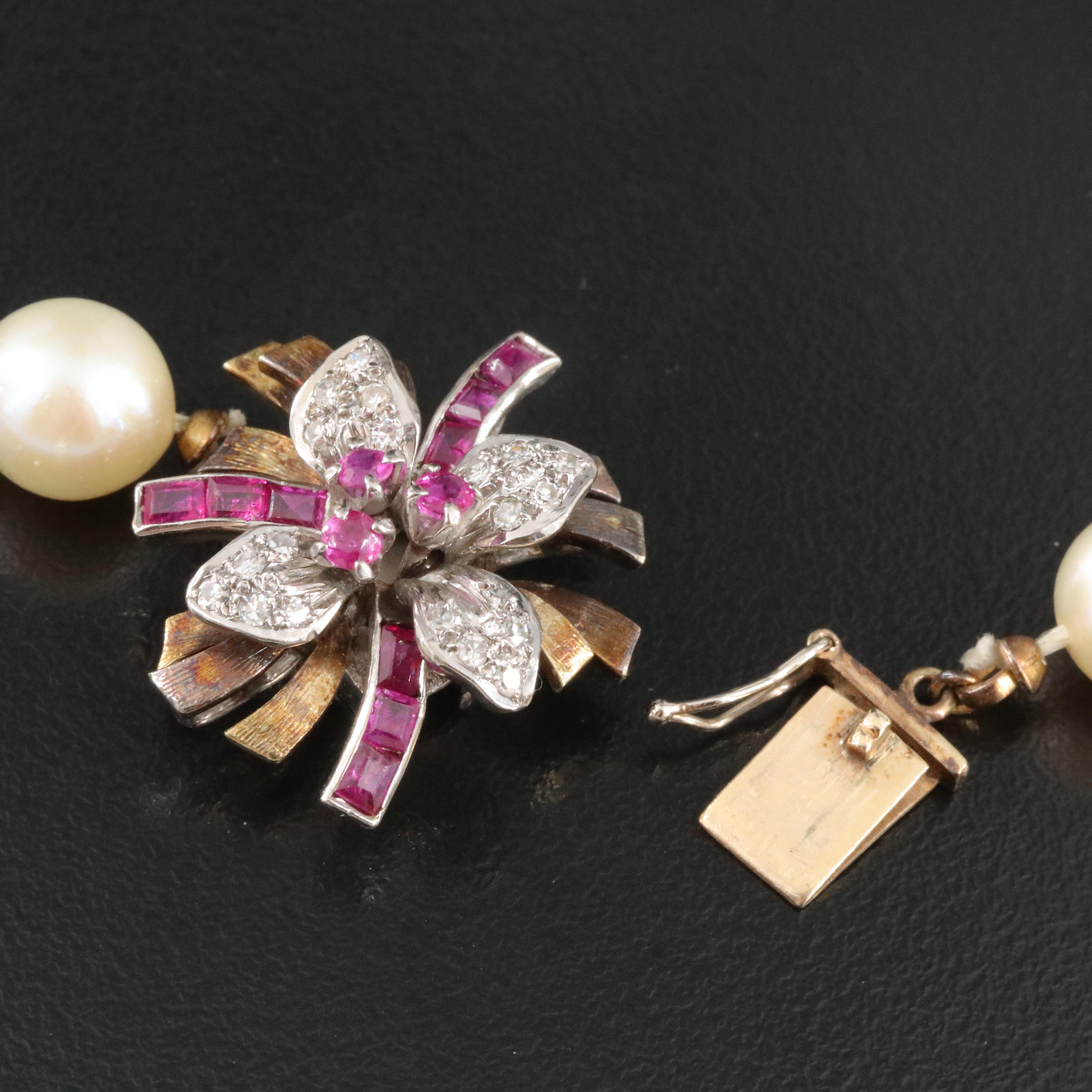 Pearl Necklace with 18k and 14K Two Tone Diamond and Ruby Clasp