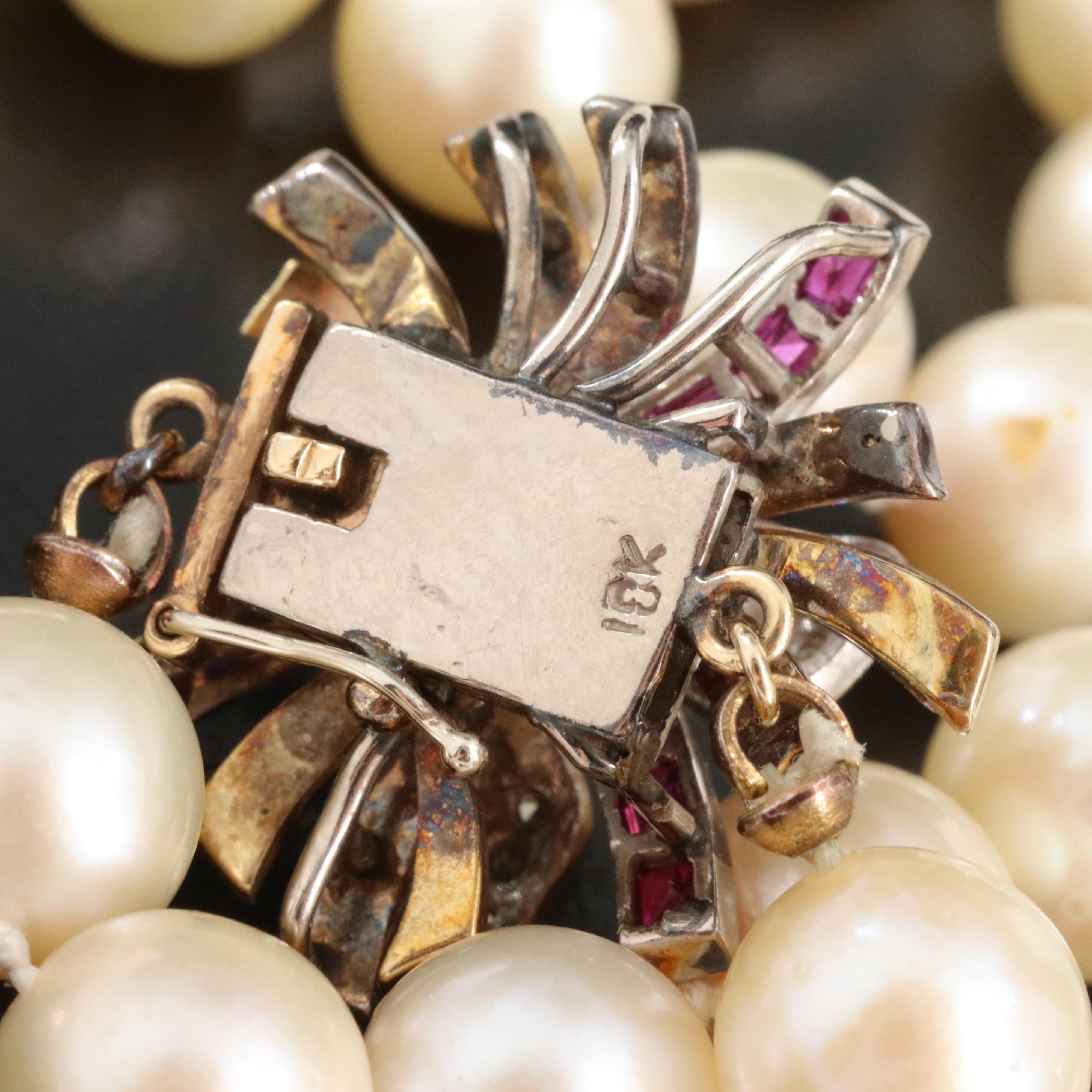 Pearl Necklace with 18k and 14K Two Tone Diamond and Ruby Clasp