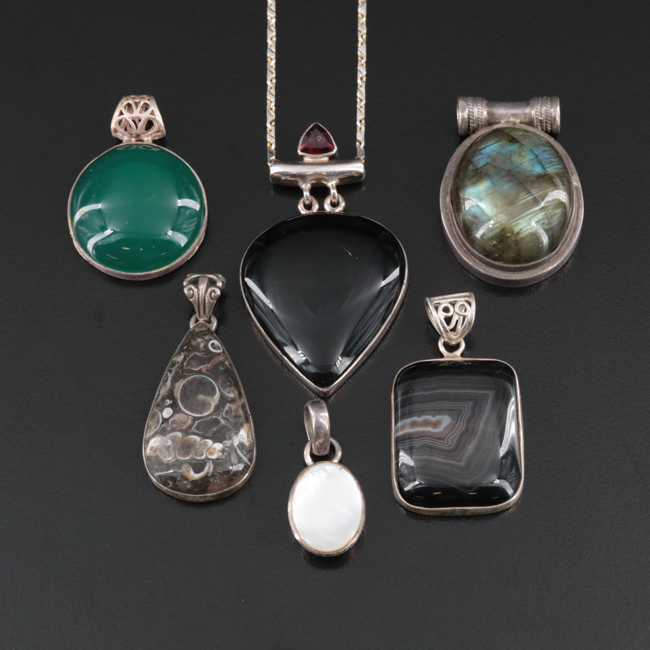Sterling Necklace and Pendants Including Garnet and Agate