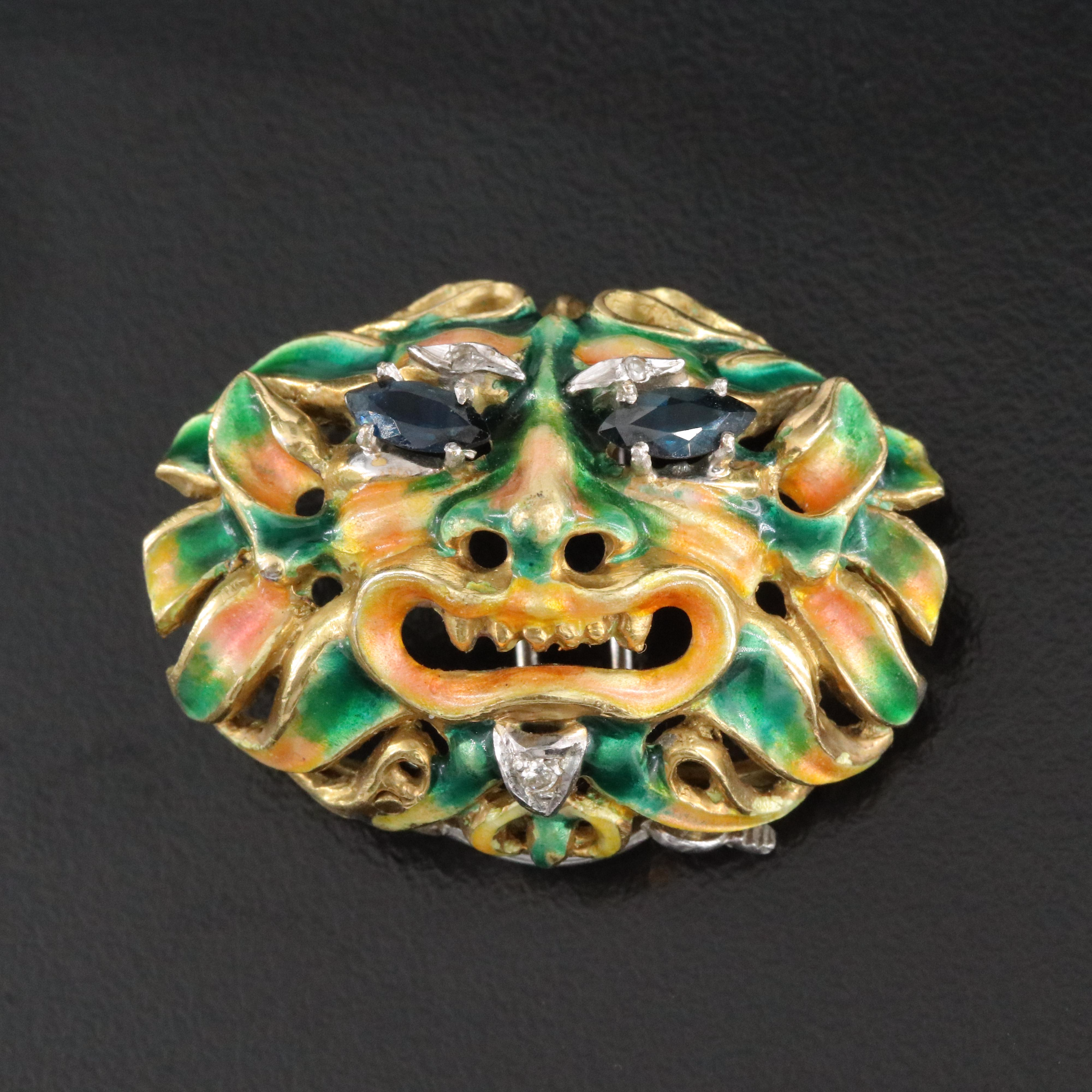 1940s Renaissance Revival 18K Sapphire, Diamond and Enamel Gargoyle Dress Pin