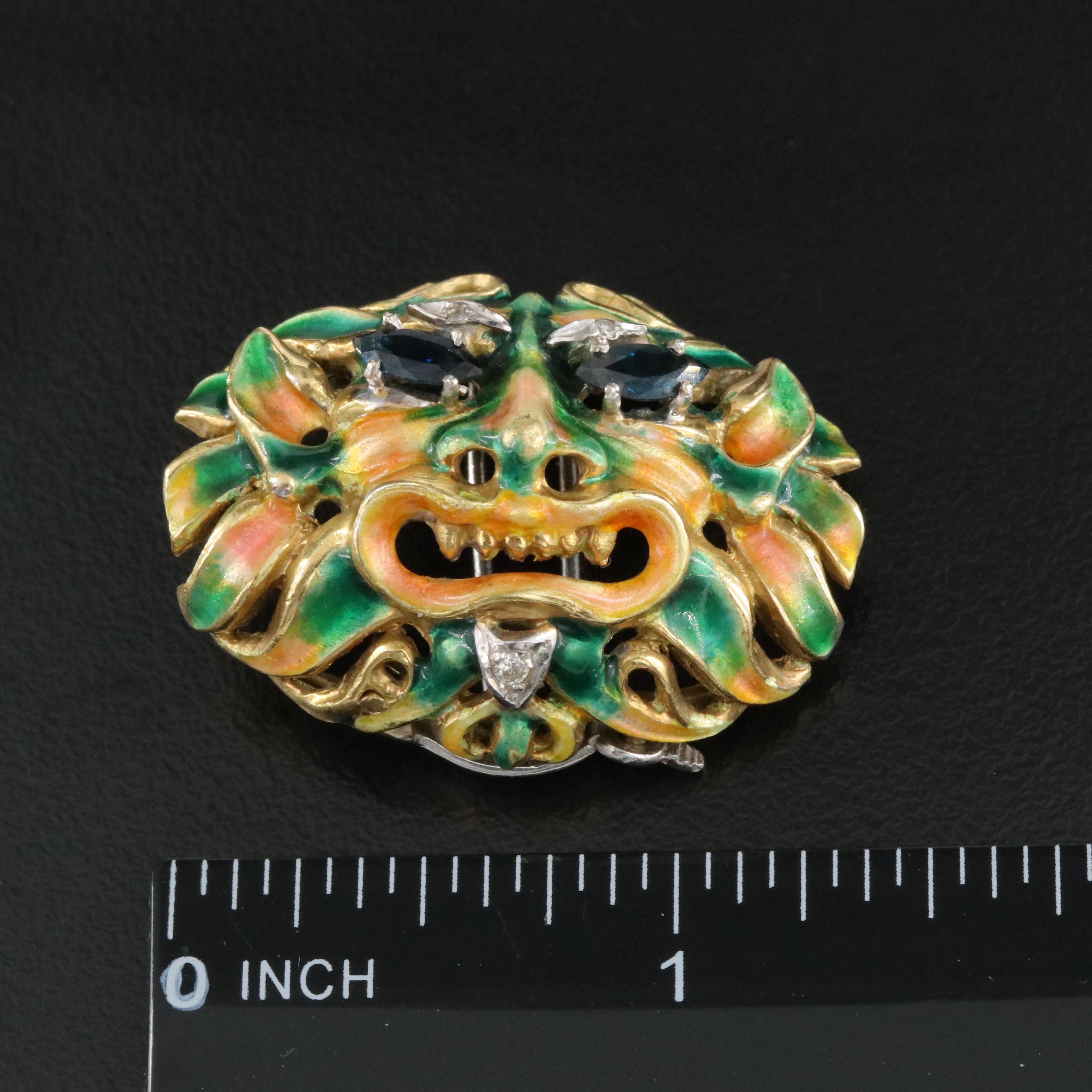 1940s Renaissance Revival 18K Sapphire, Diamond and Enamel Gargoyle Dress Pin