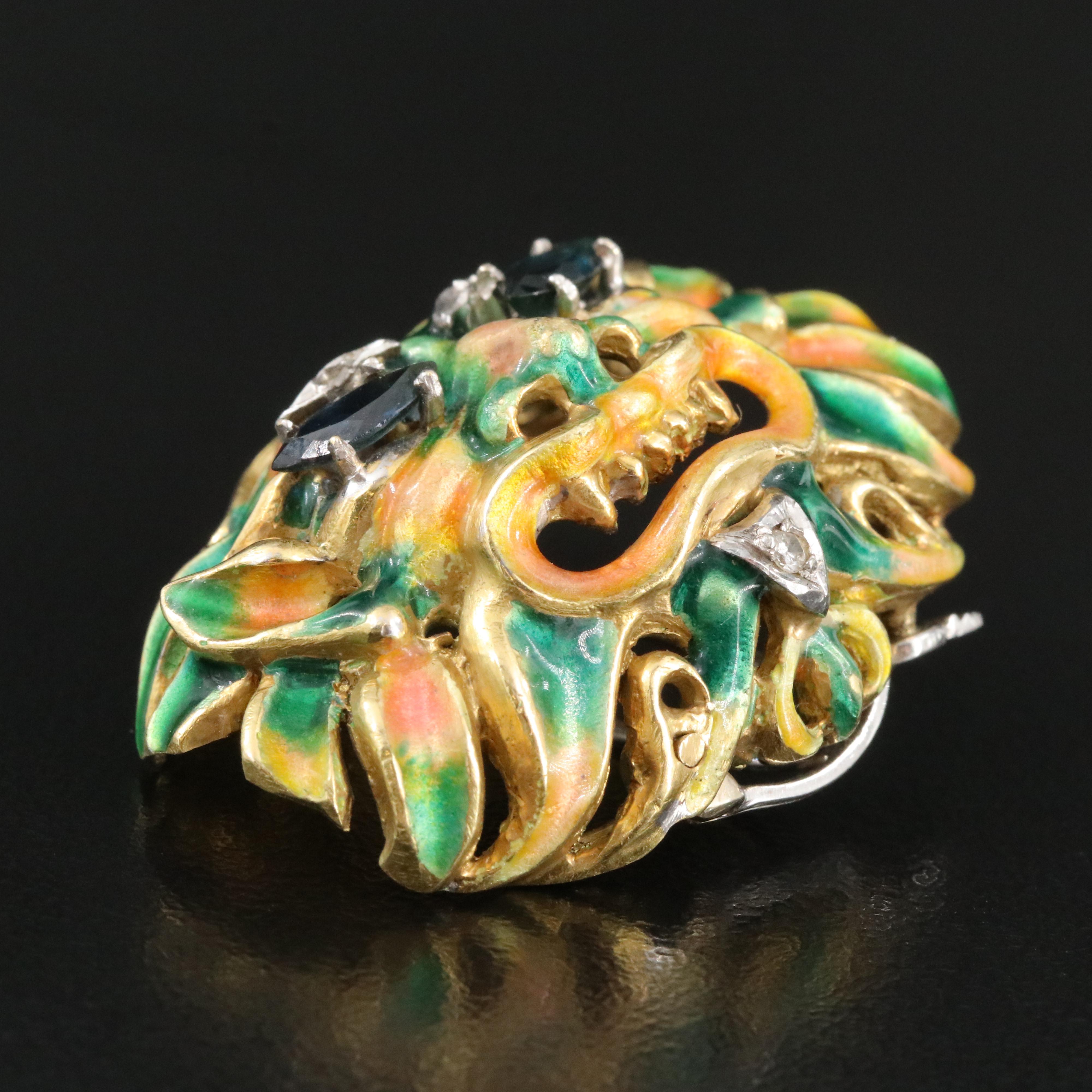 1940s Renaissance Revival 18K Sapphire, Diamond and Enamel Gargoyle Dress Pin