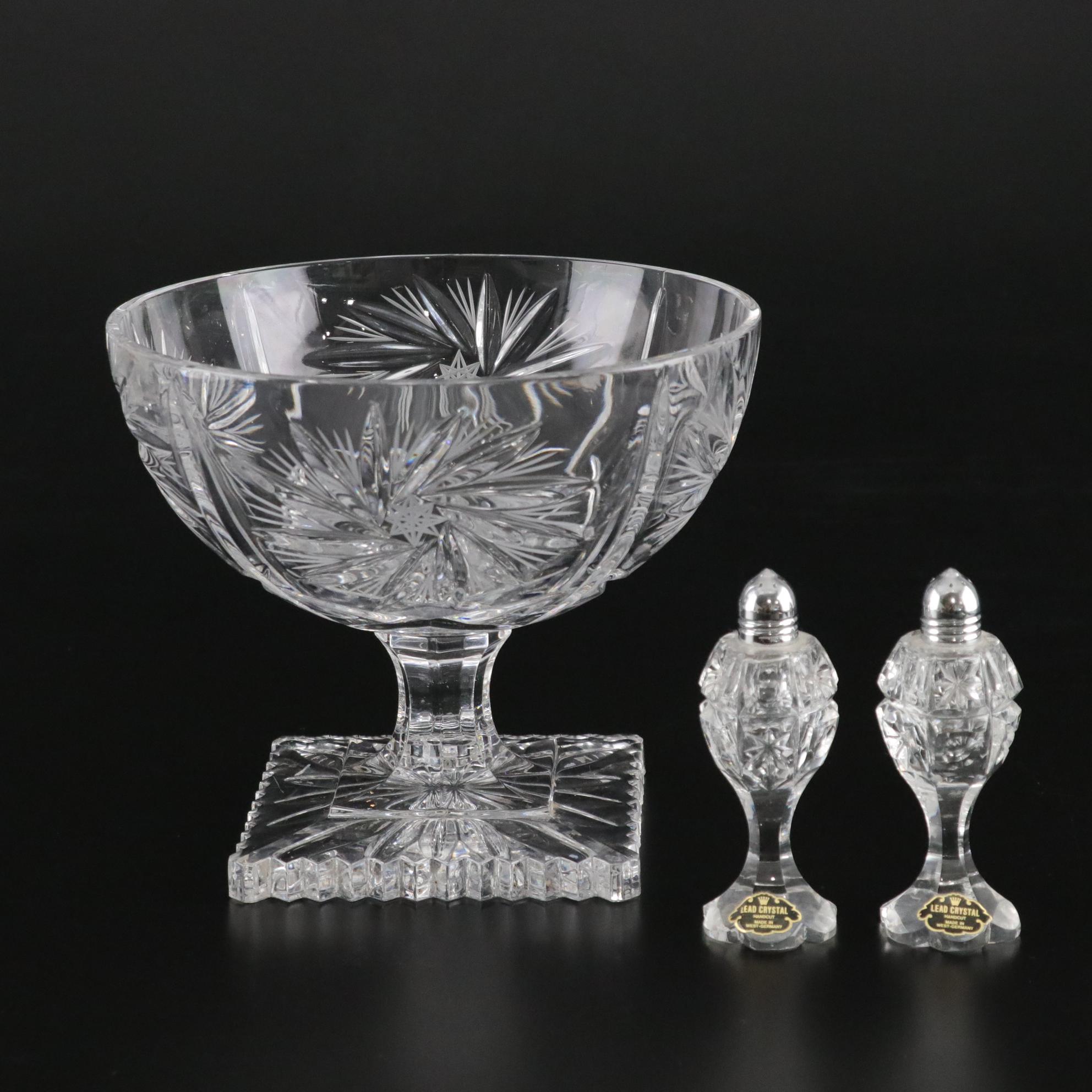 West German Cut Crystal Salt and Pepper Shakers with Cut Crystal Compote