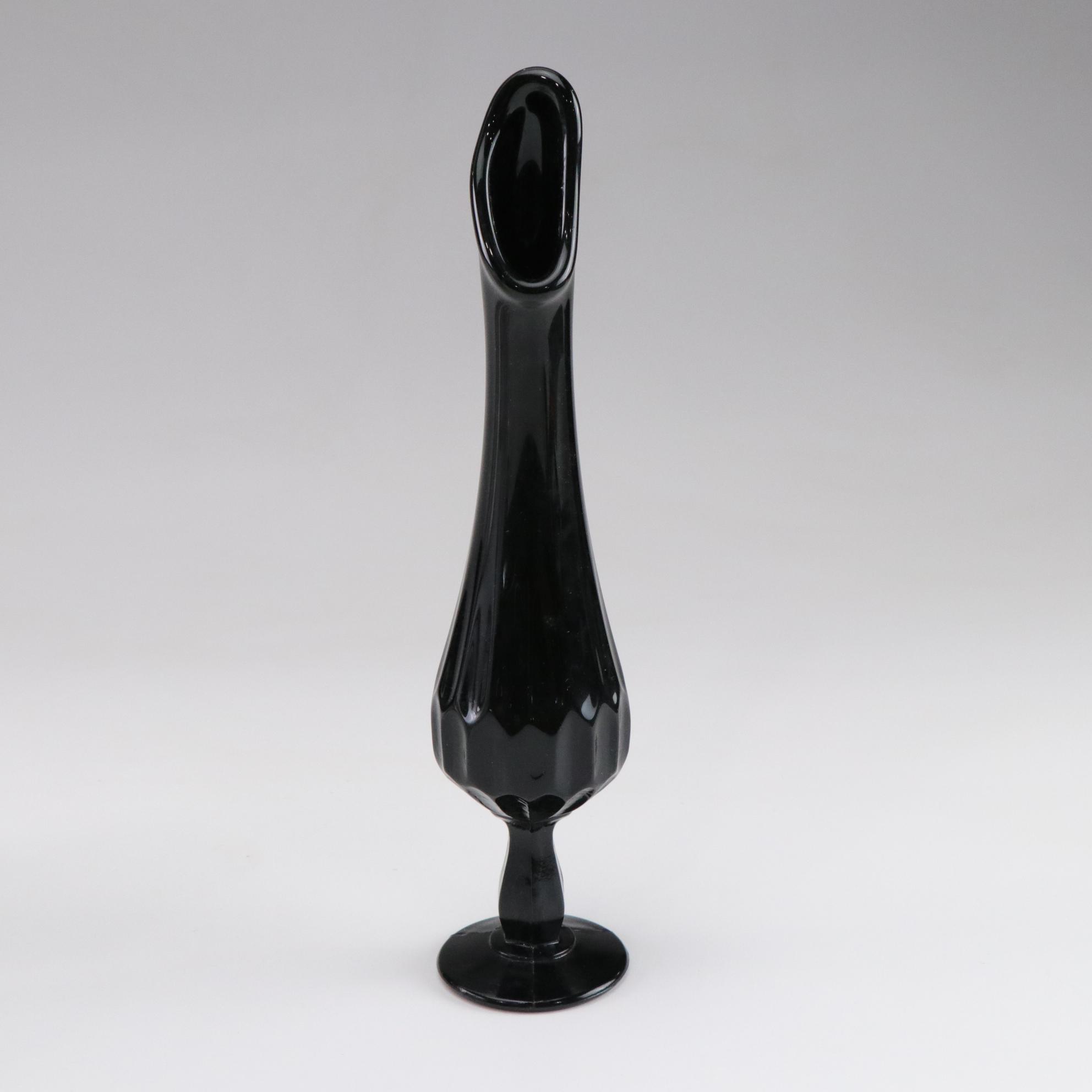 Fenton Black Glass Vase with Libbey "Silver Foliage" Glasses and More