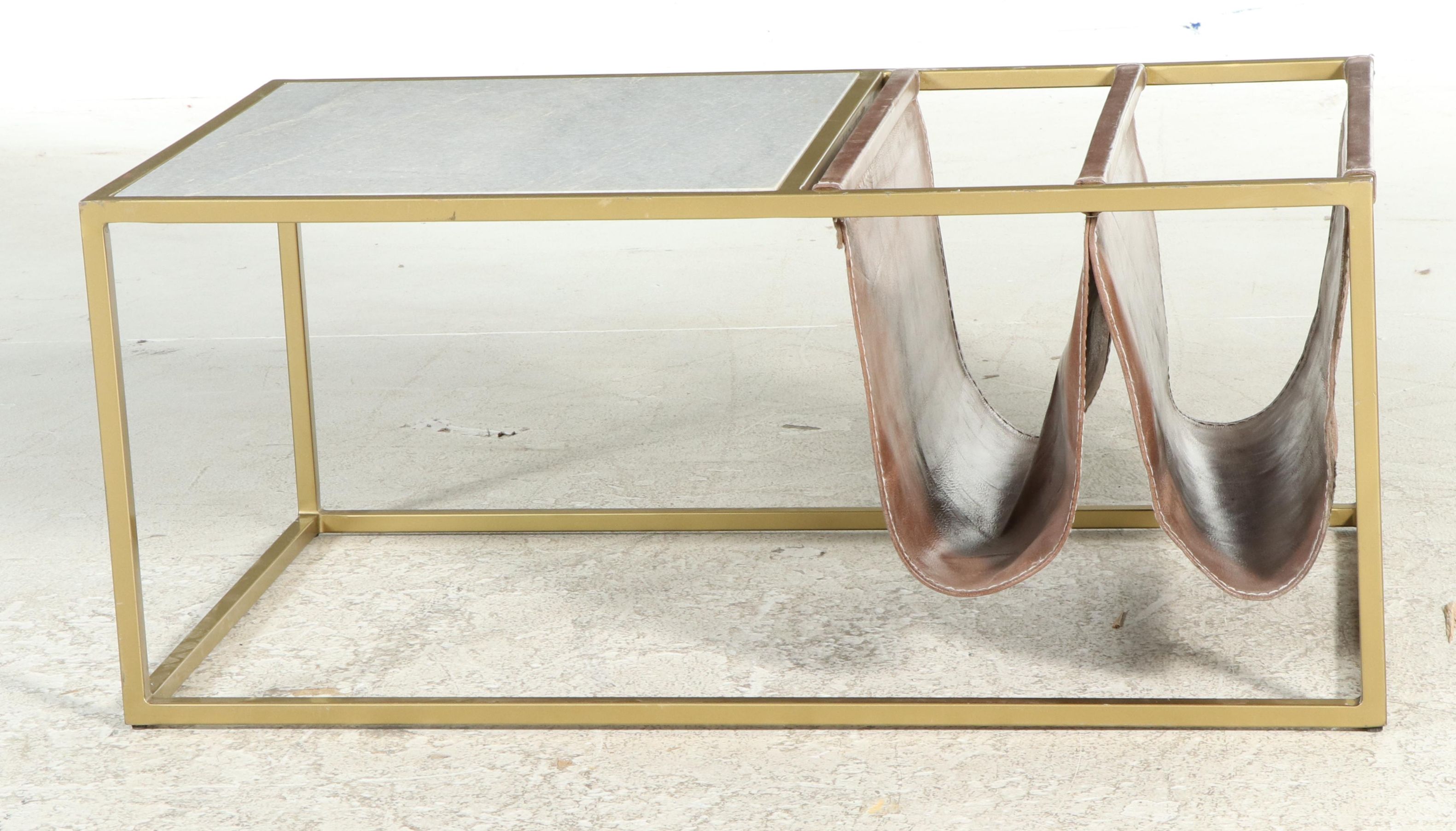 Modernist Gold Tone Metal and Marble Table with Leather Double Magazine Rack