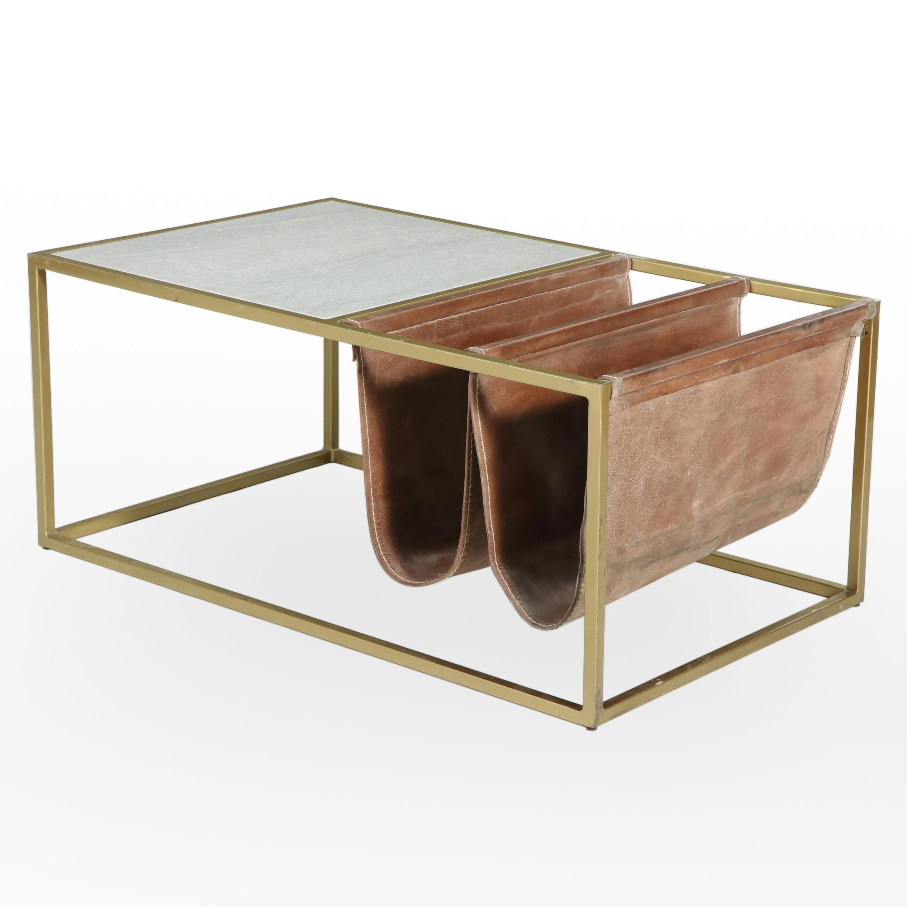 Modernist Gold Tone Metal and Marble Table with Leather Double Magazine Rack