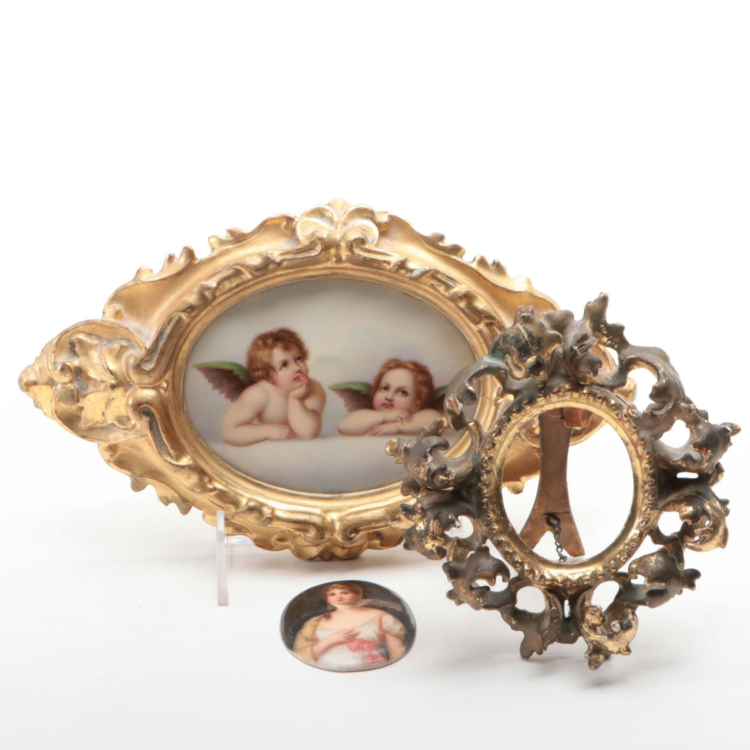 Framed German Hand-Painted Porcelain Queen Louise and Raphael's Cherubs Plaques