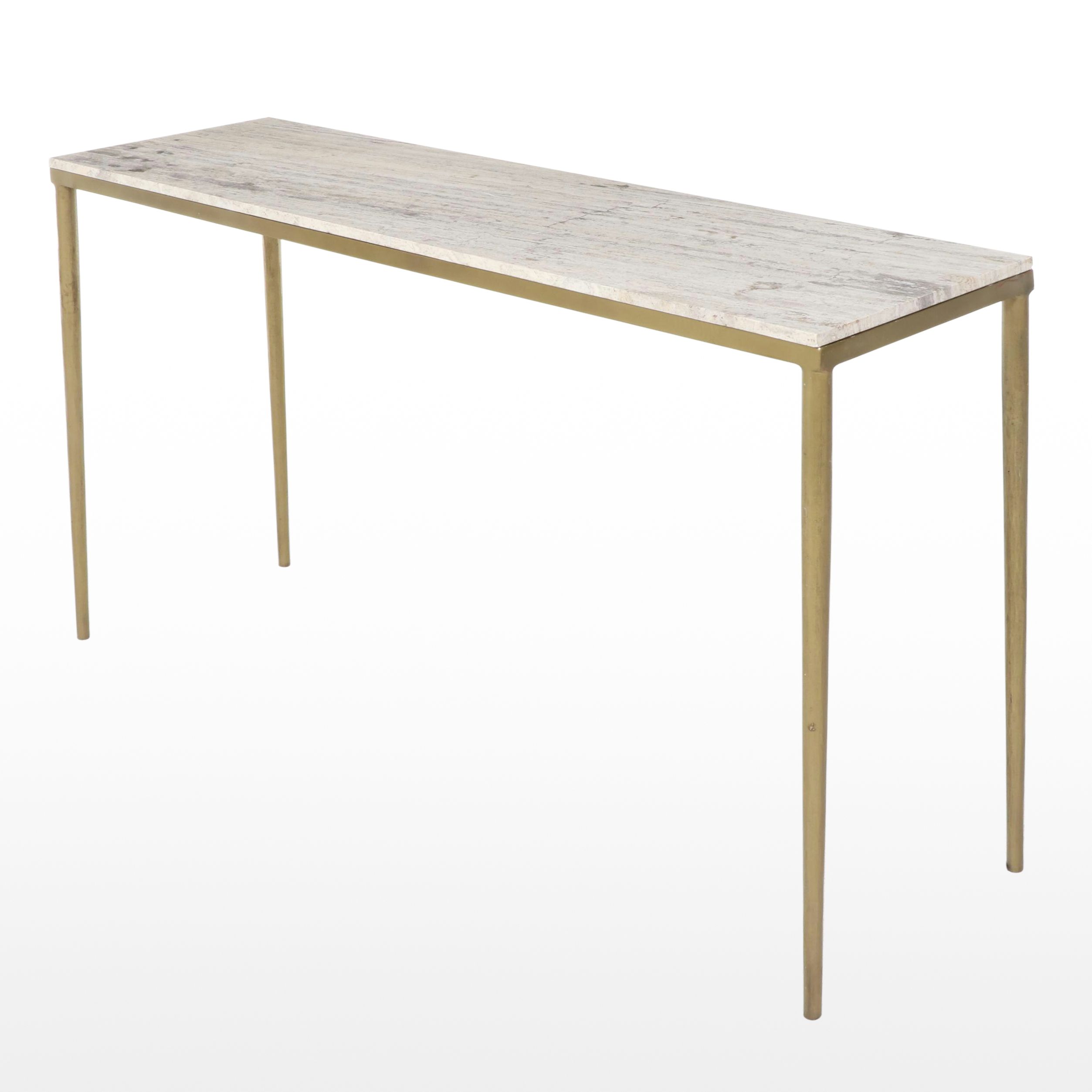 Modernist Travertine Top Gold Tone Metal Hall Table