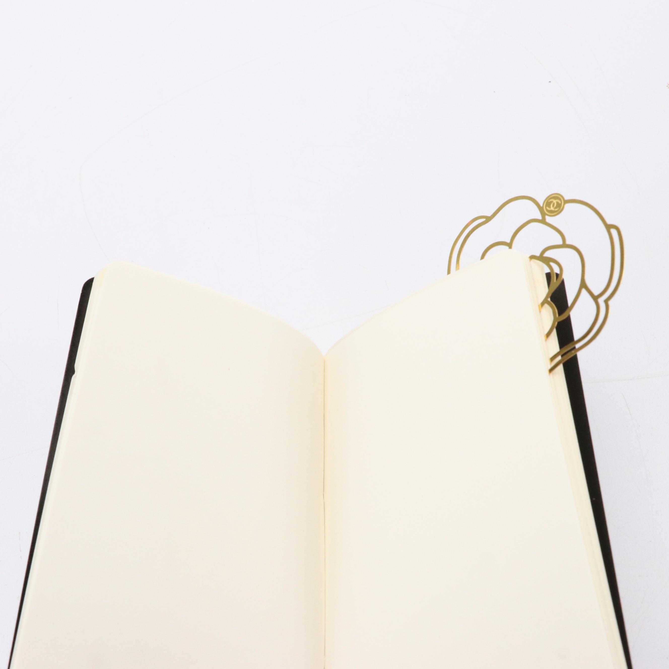 Chanel Mini Notebook, Camellia Flower and Gold Tone Bookmark in Envelope