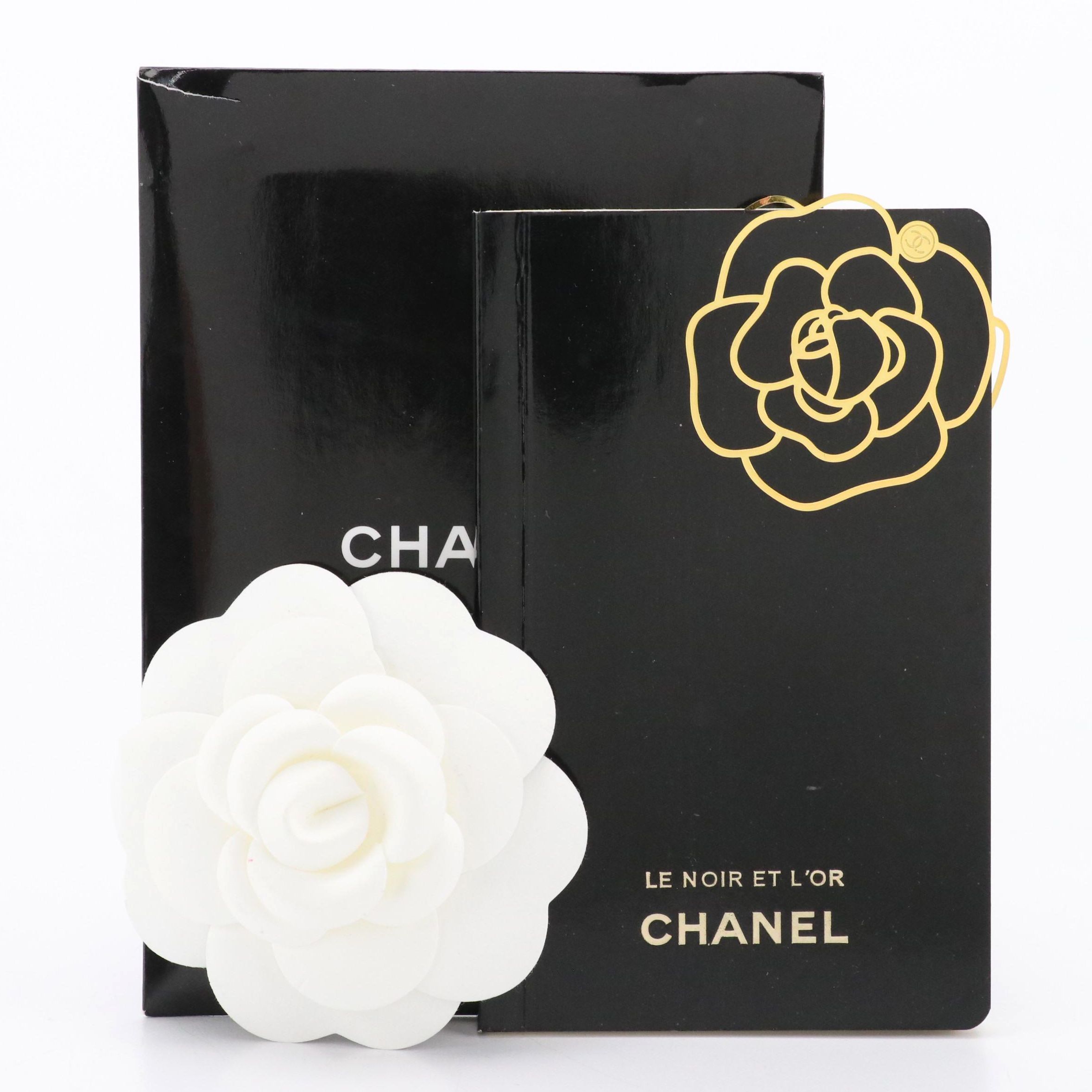 Chanel Mini Notebook, Camellia Flower and Gold Tone Bookmark in Envelope