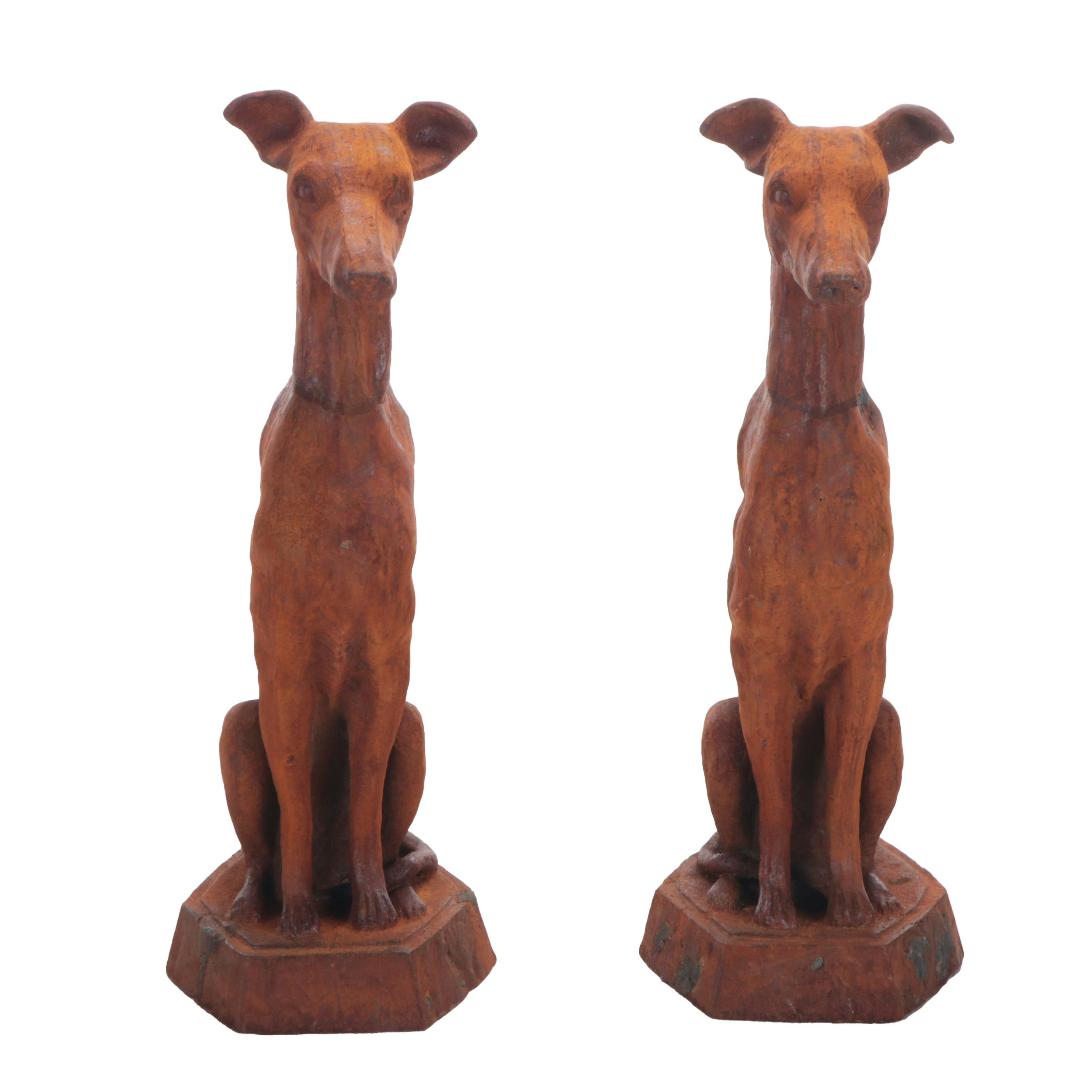 Pair of Cast Iron Whippet Garden Sculptures