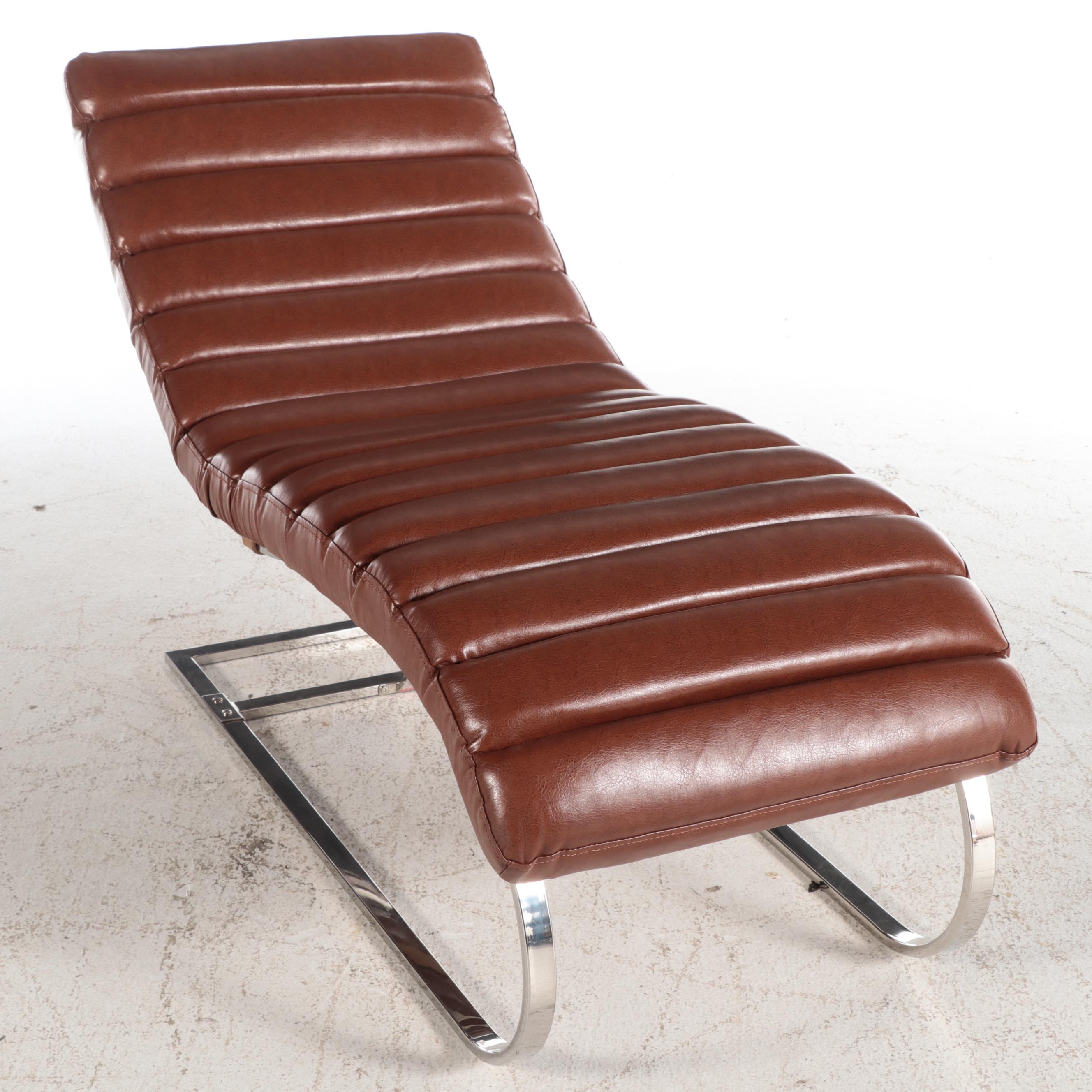 Mid Century Modern Style Chrome and Leather Chaise, Manner of Mies van der Rohe