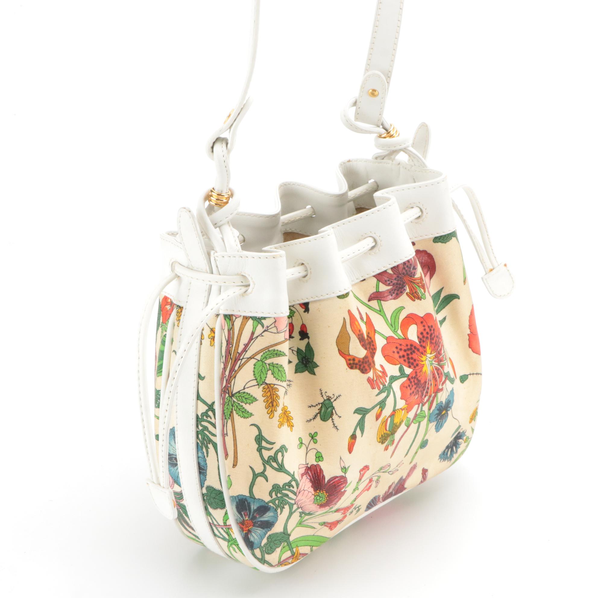 Gucci Drawstring Bucket Crossbody Bag in Flora Print Canvas and White Leather