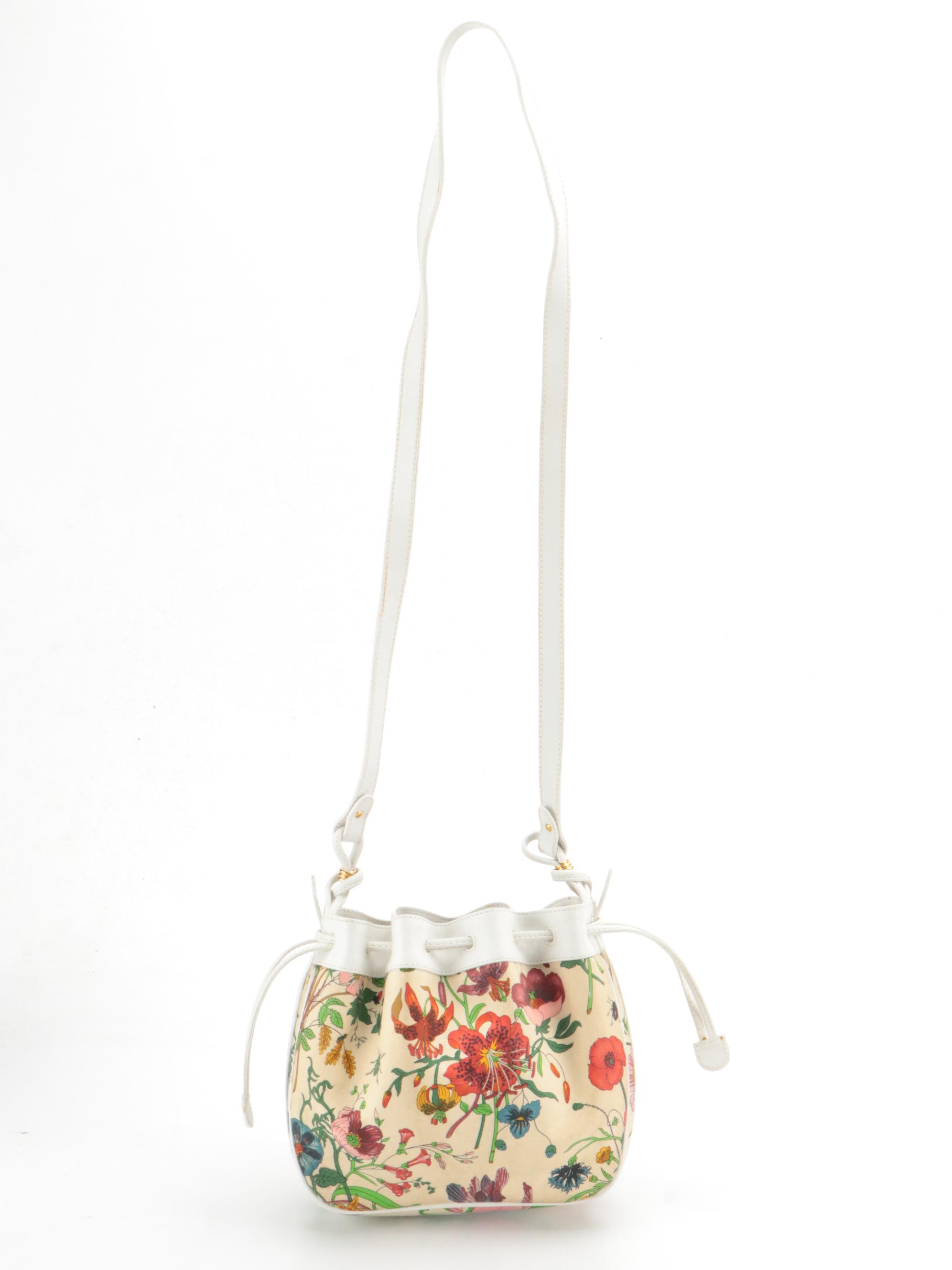Gucci Drawstring Bucket Crossbody Bag in Flora Print Canvas and White Leather