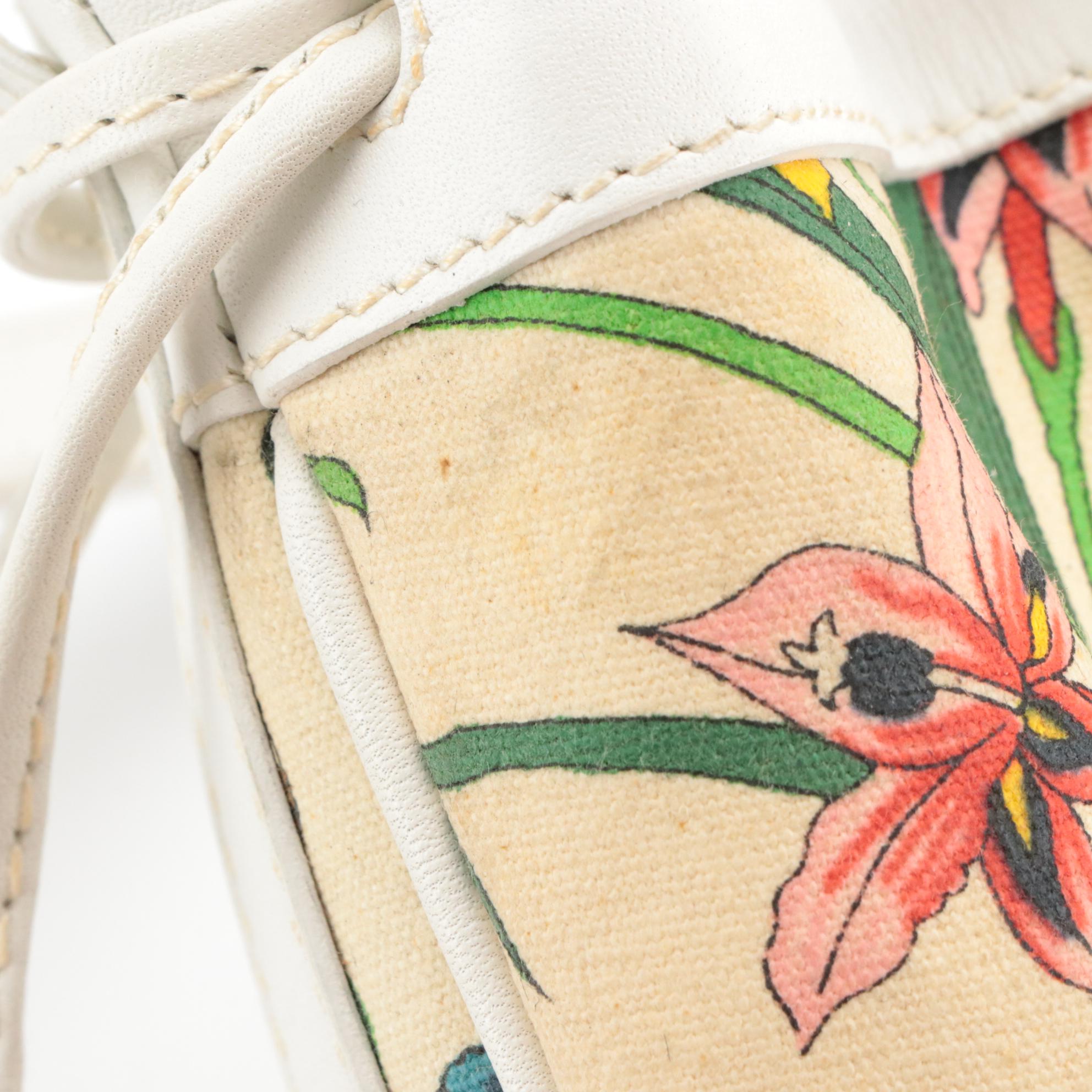 Gucci Drawstring Bucket Crossbody Bag in Flora Print Canvas and White Leather