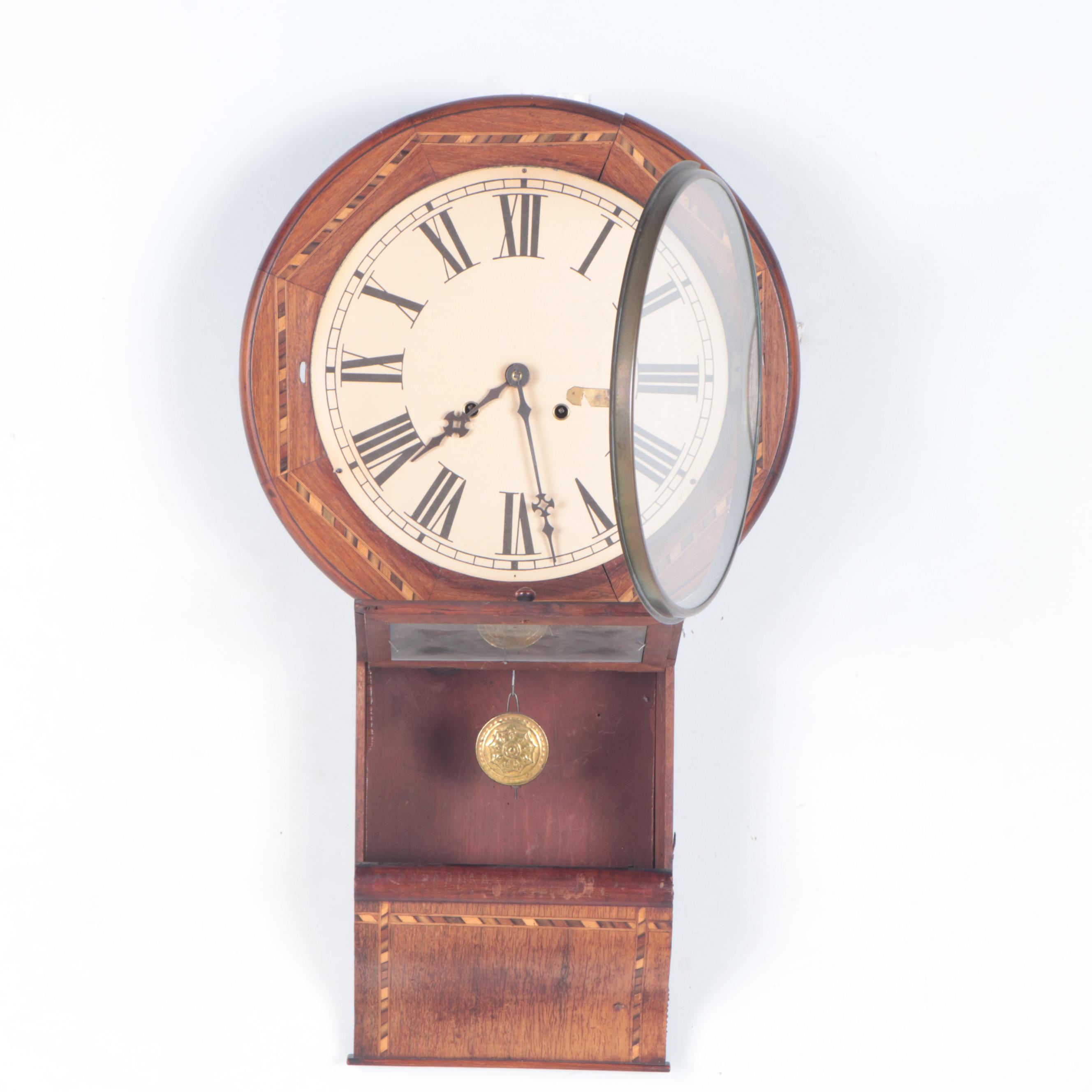 Walnut Inlaid Marquetry Wall Clock, Early 20th Century