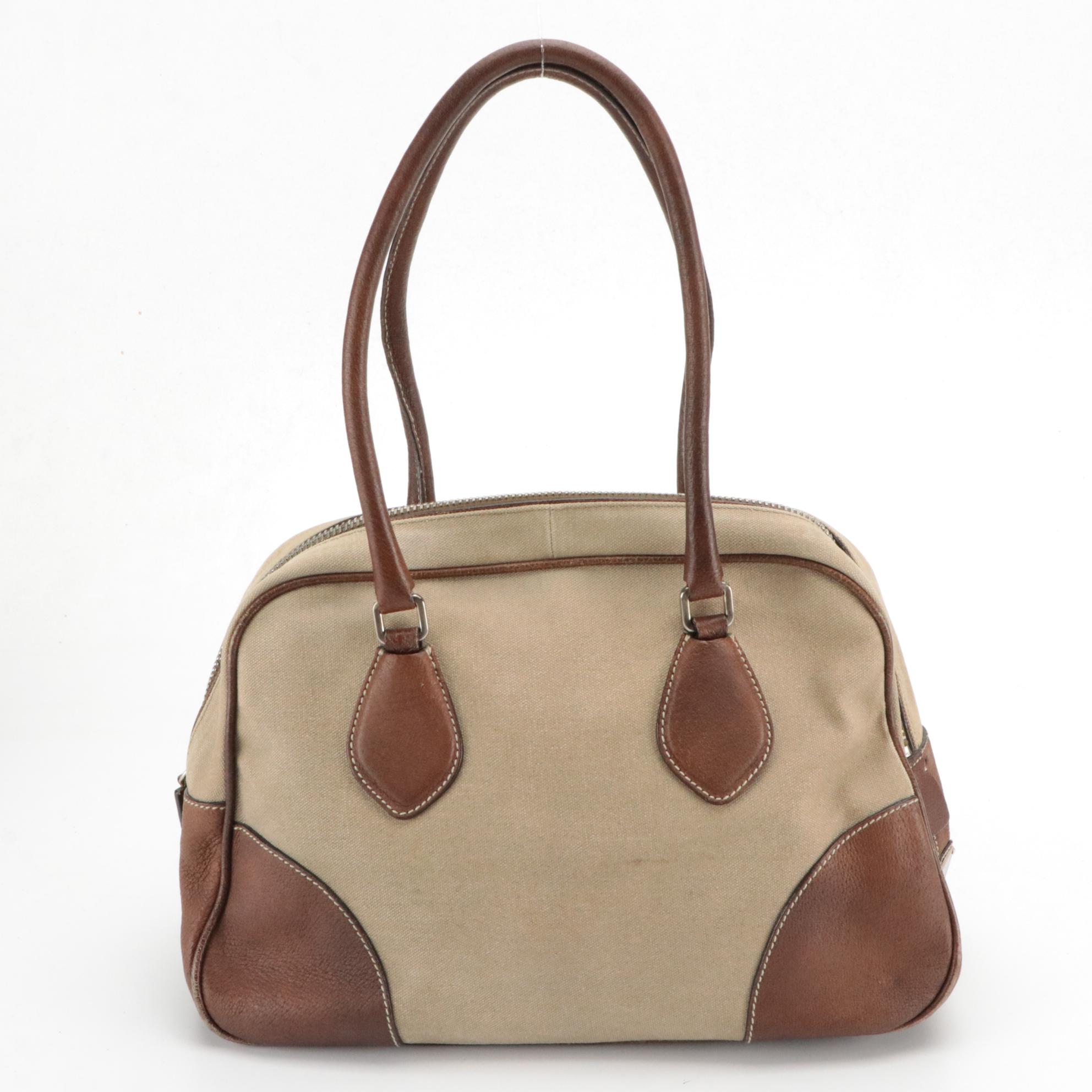 Prada Bowling Bag in Beige Canvas and Brown Leather