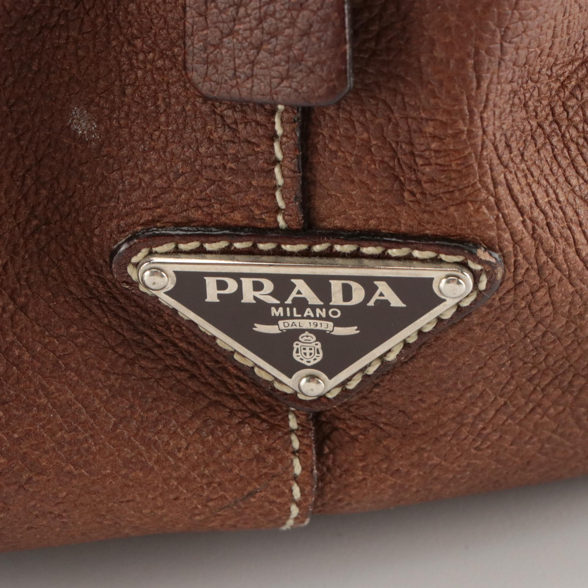 Prada Bowling Bag in Beige Canvas and Brown Leather
