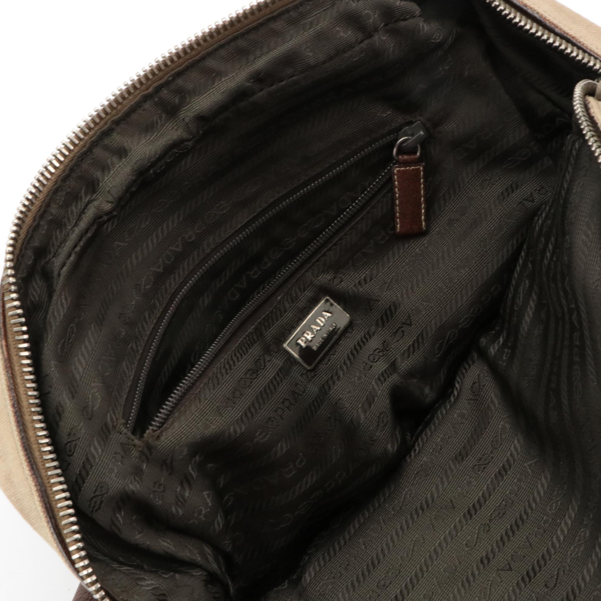 Prada Bowling Bag in Beige Canvas and Brown Leather