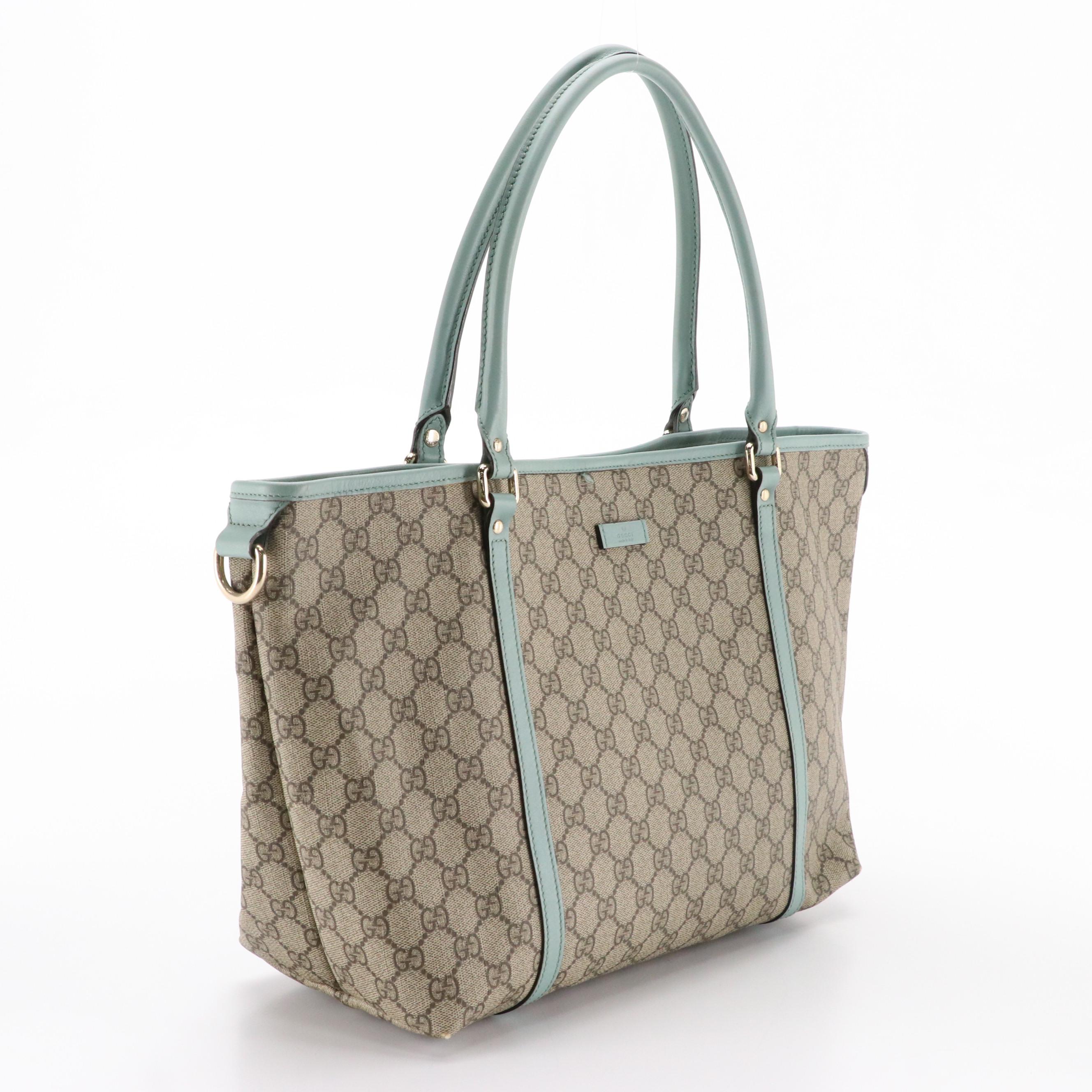 Gucci Joy Tote in GG Supreme Canvas and Muted Teal Leather Trim