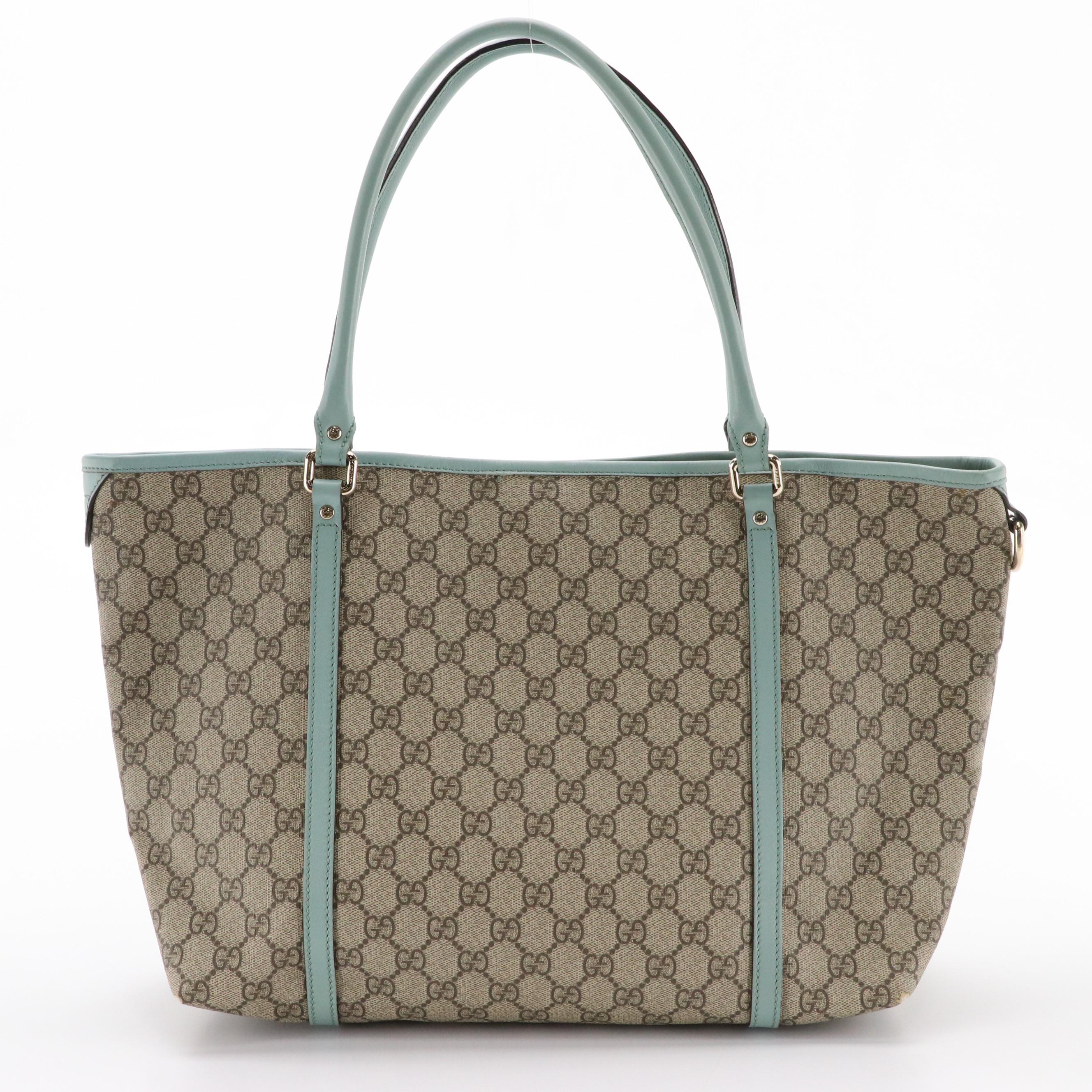 Gucci Joy Tote in GG Supreme Canvas and Muted Teal Leather Trim