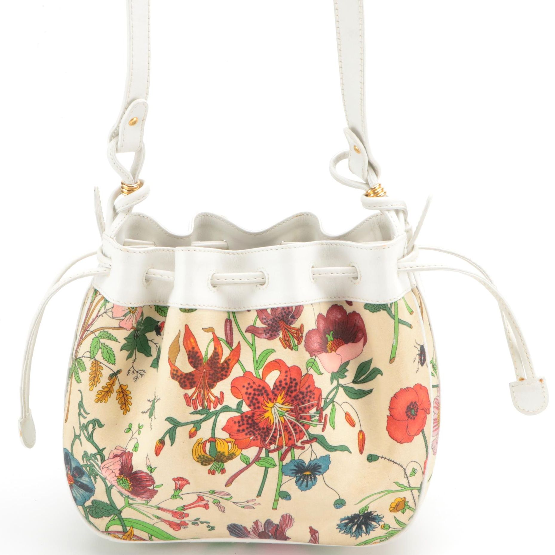 Gucci Drawstring Bucket Crossbody Bag in Flora Print Canvas and White Leather