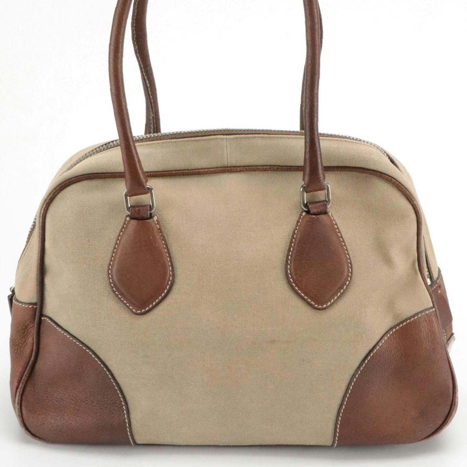 Prada Bowling Bag in Beige Canvas and Brown Leather
