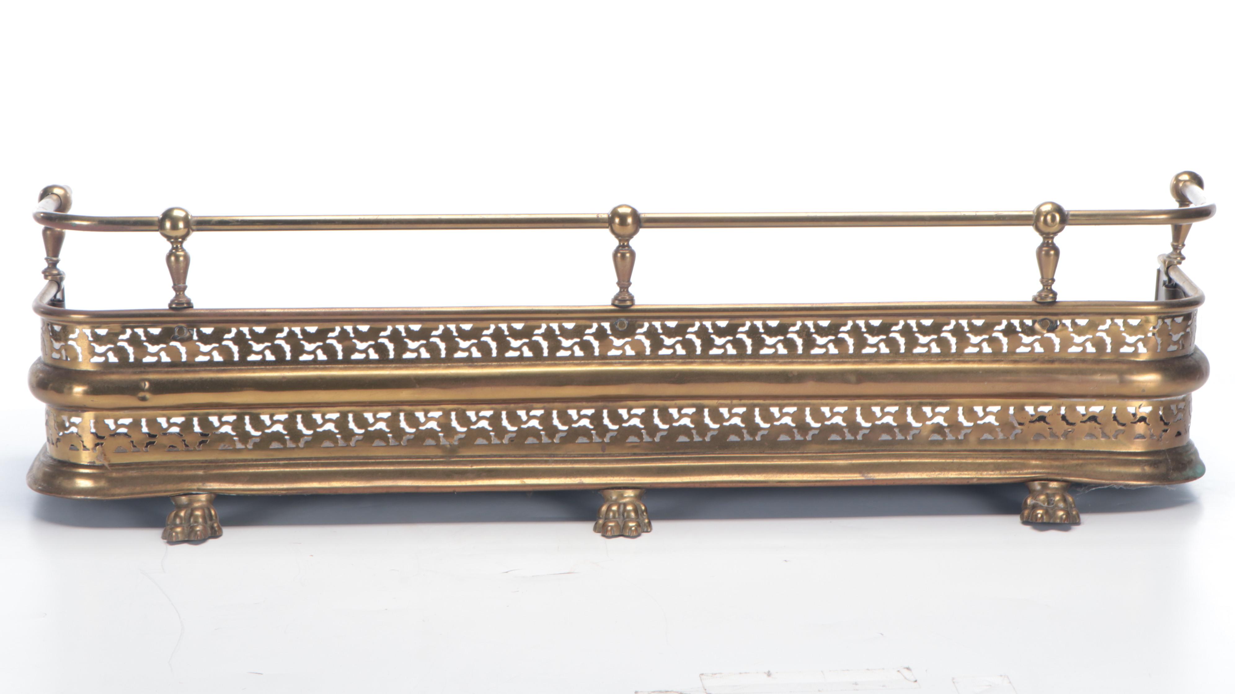 Victorian Brass Footed Fireplace Guard with Tools