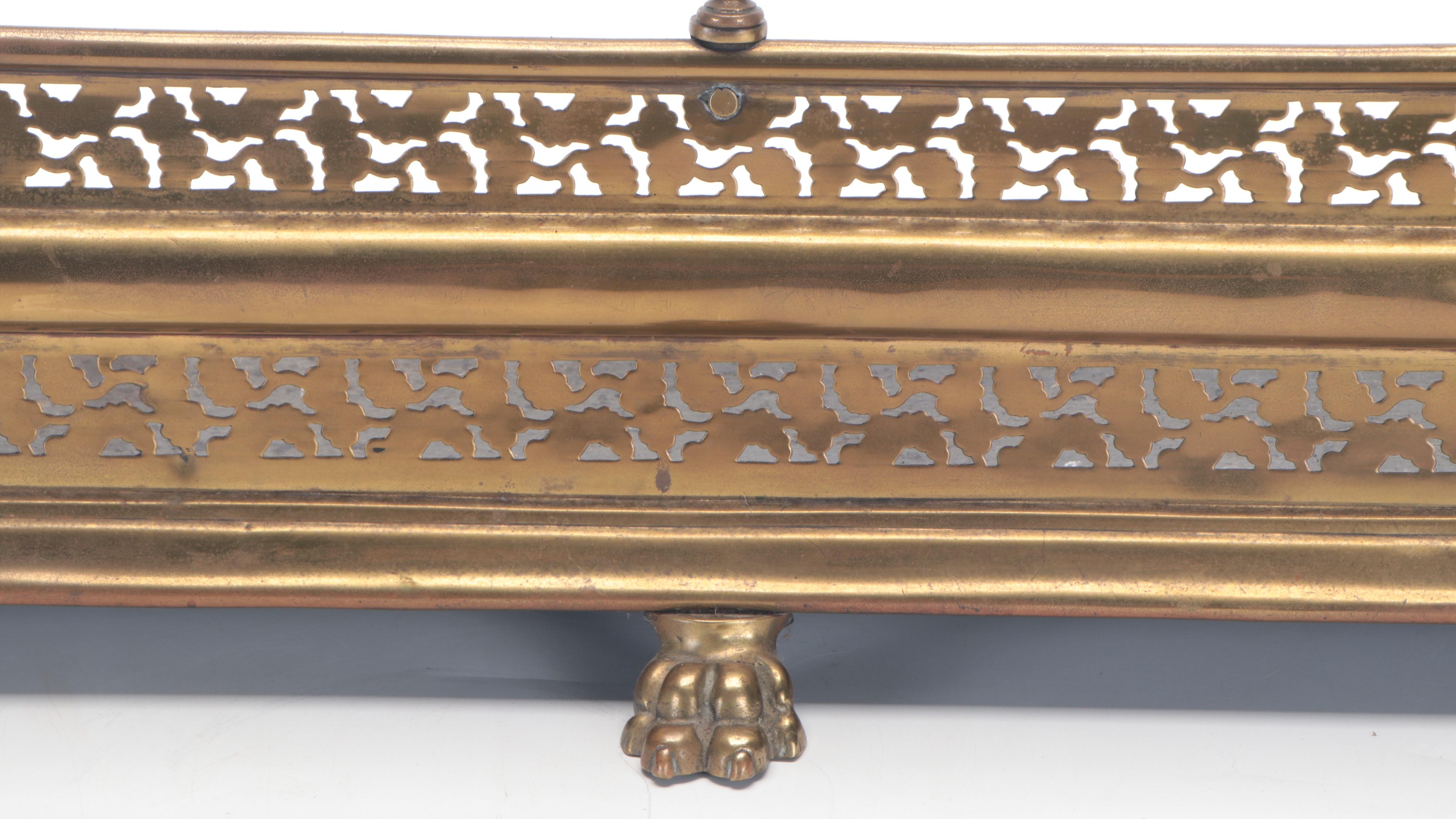 Victorian Brass Footed Fireplace Guard with Tools