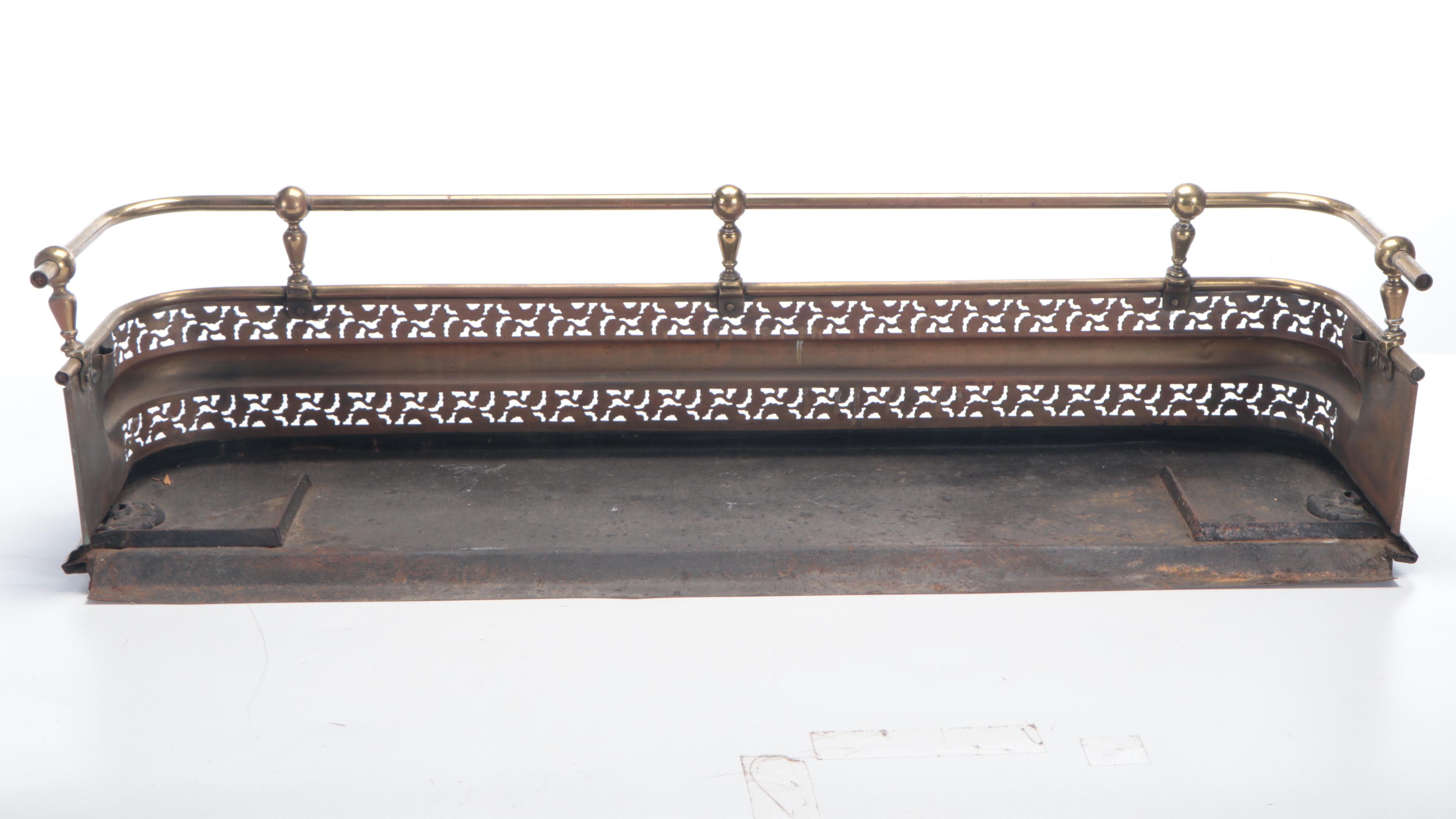 Victorian Brass Footed Fireplace Guard with Tools