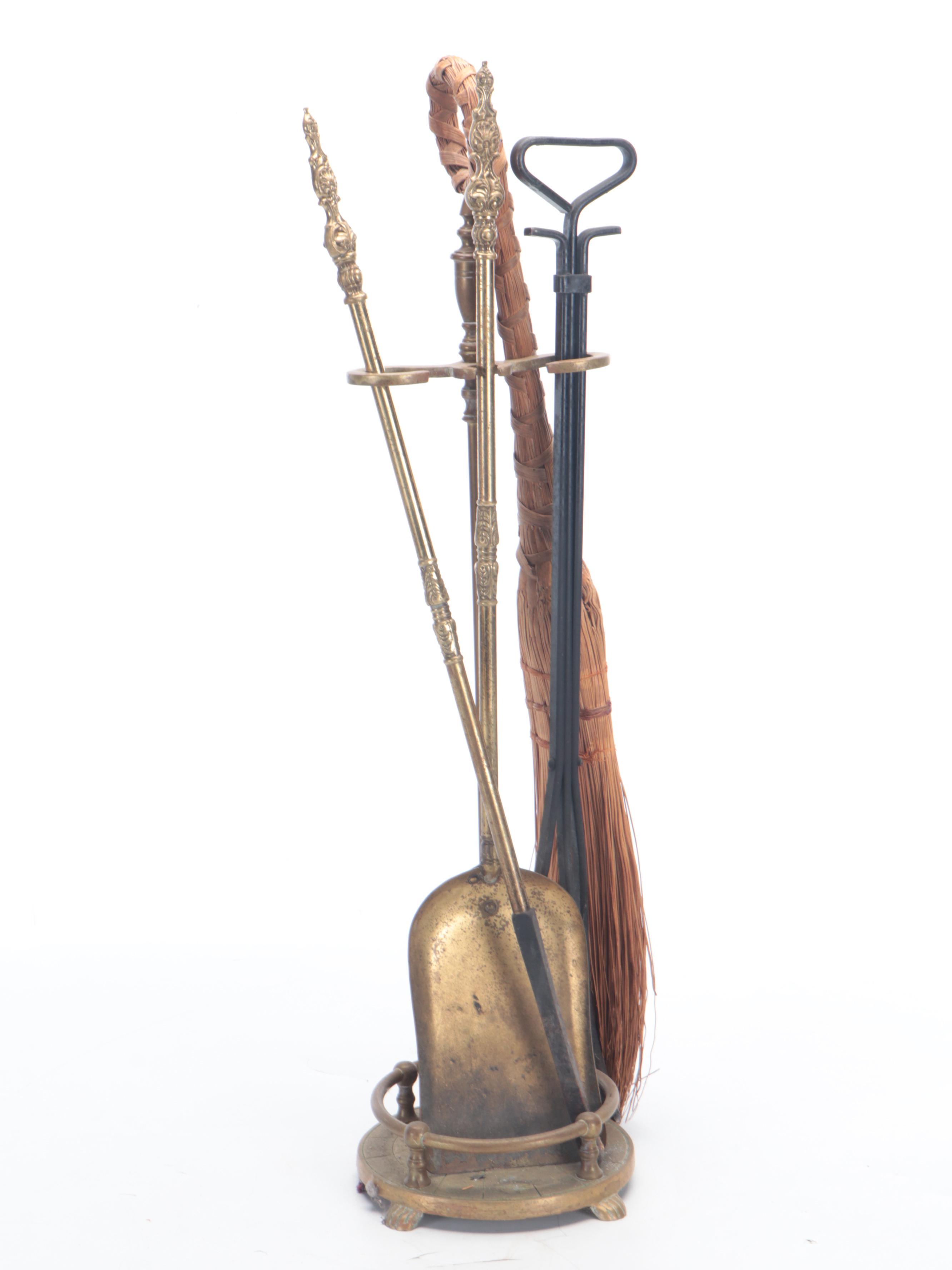 Victorian Brass Footed Fireplace Guard with Tools