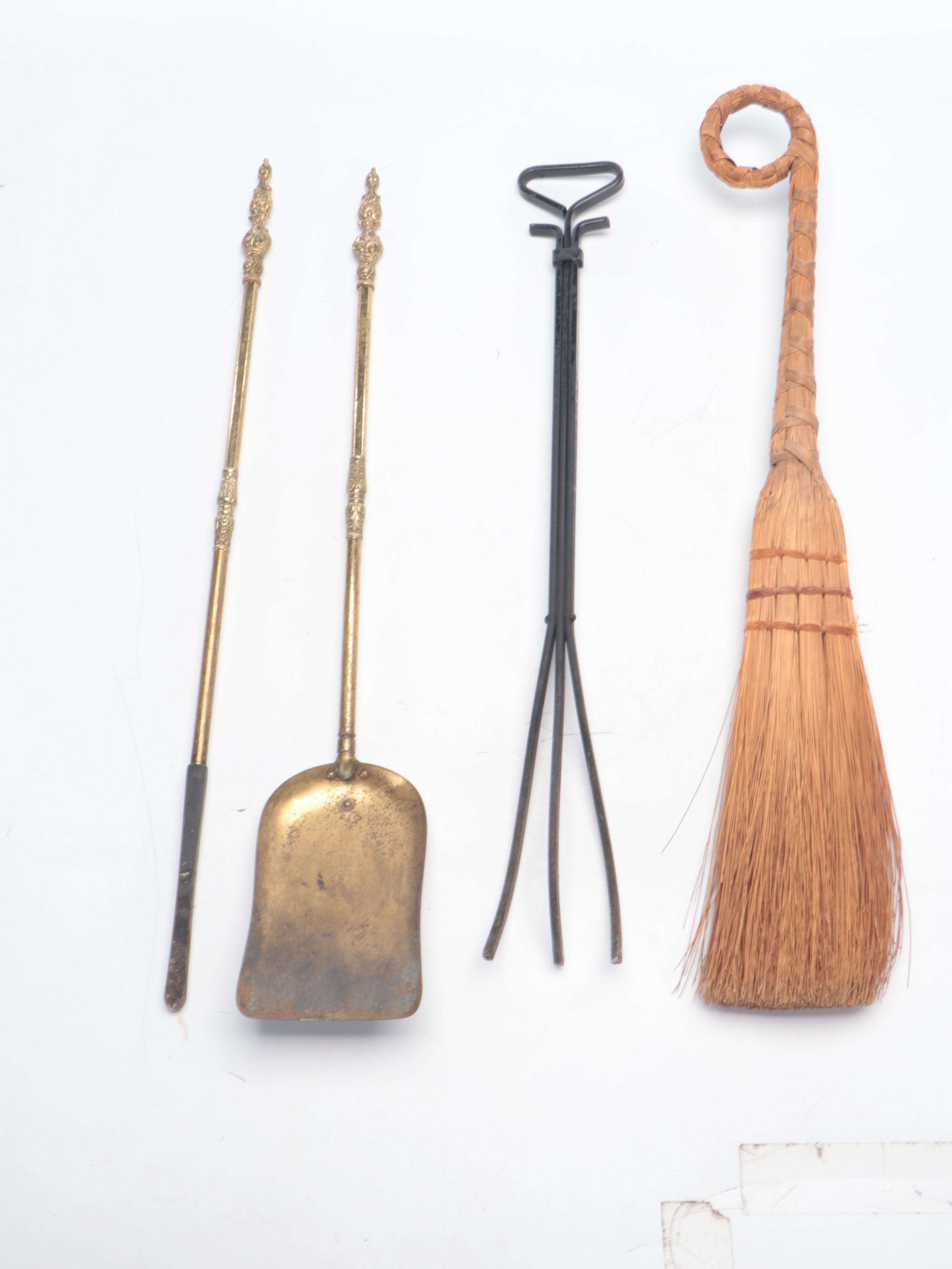 Victorian Brass Footed Fireplace Guard with Tools