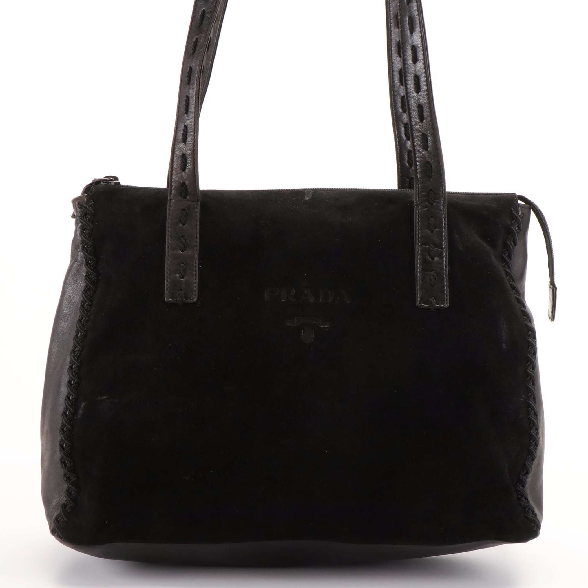 Prada Shoulder Tote in Black Leather and Suede