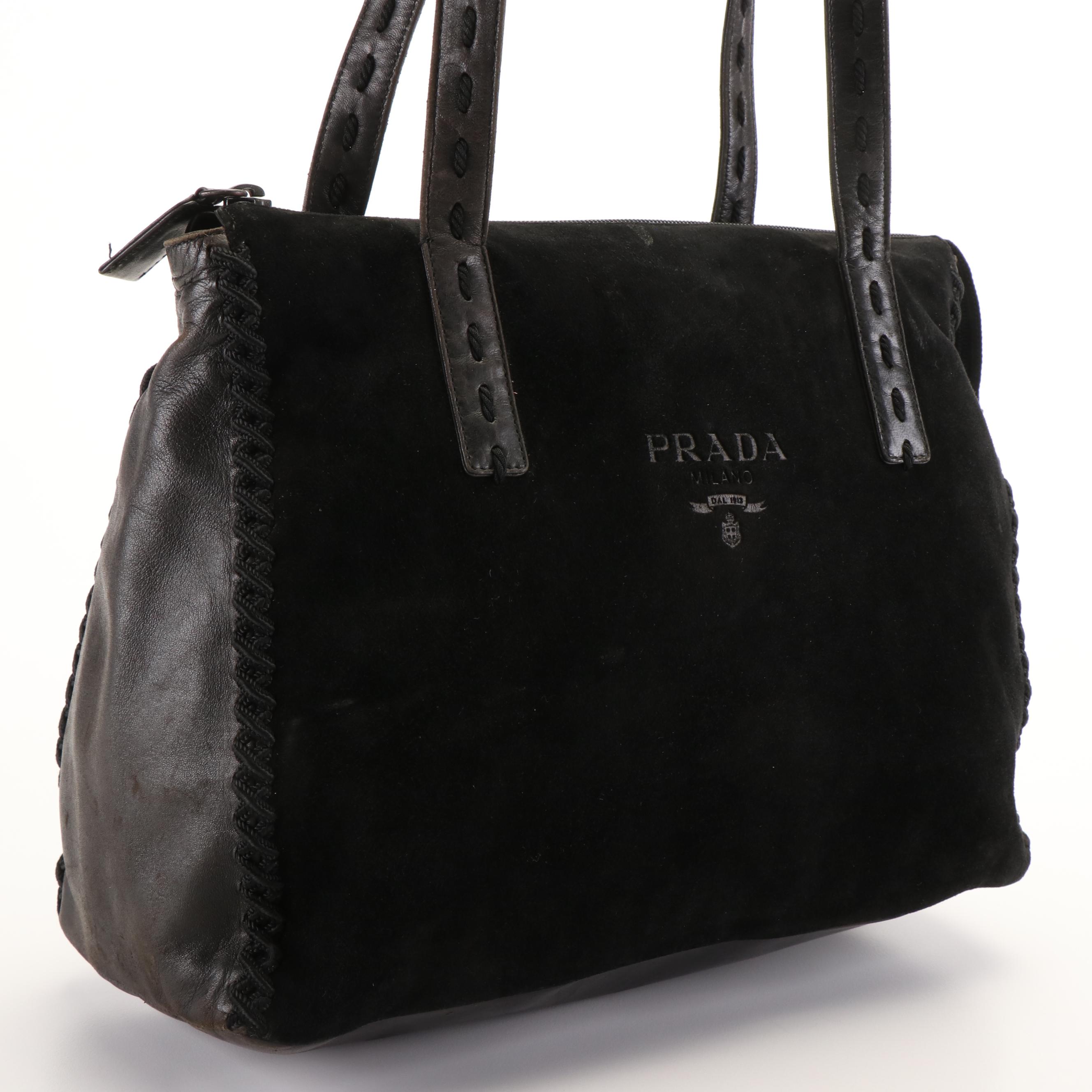 Prada Shoulder Tote in Black Leather and Suede