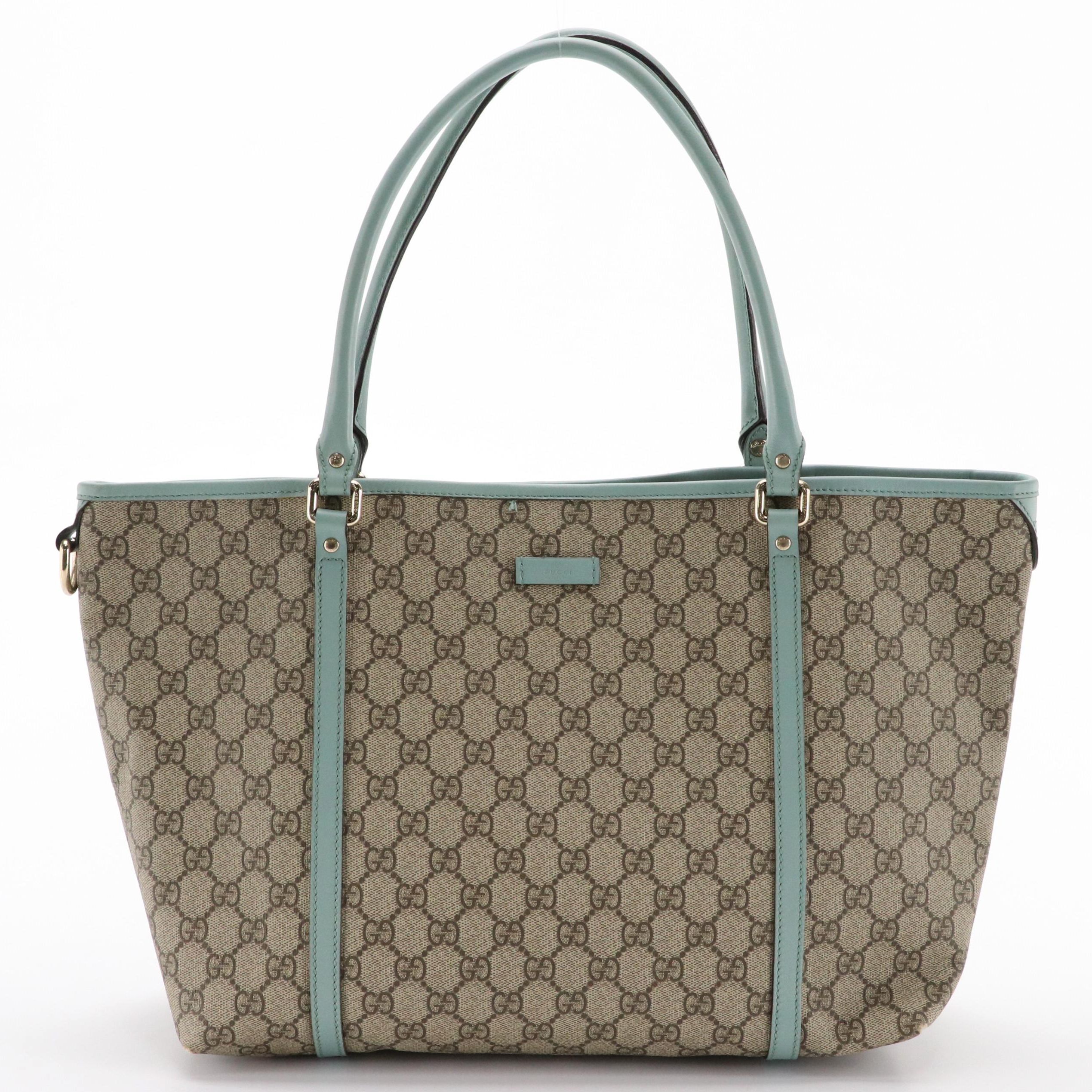 Gucci Joy Tote in GG Supreme Canvas and Muted Teal Leather Trim