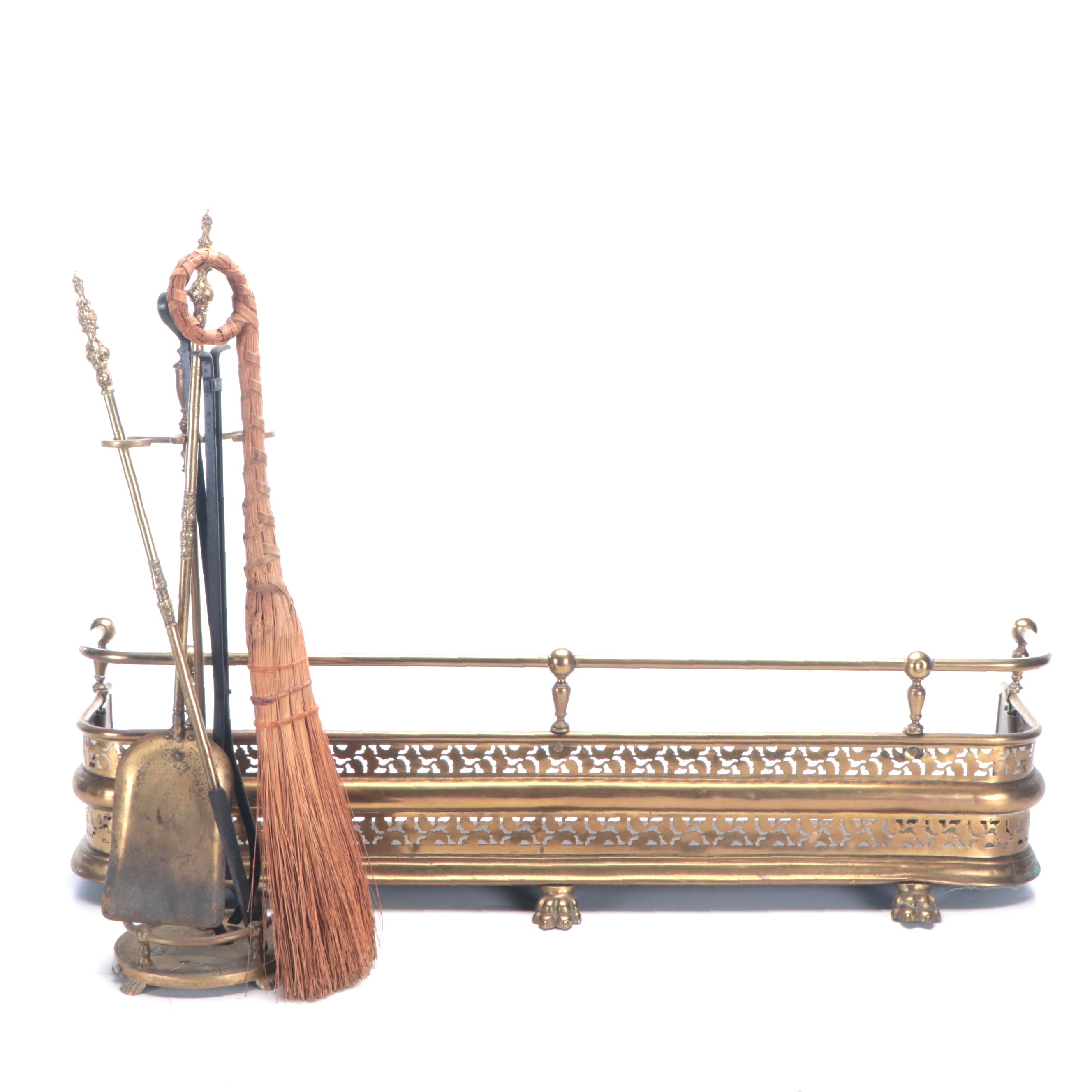 Victorian Brass Footed Fireplace Guard with Tools