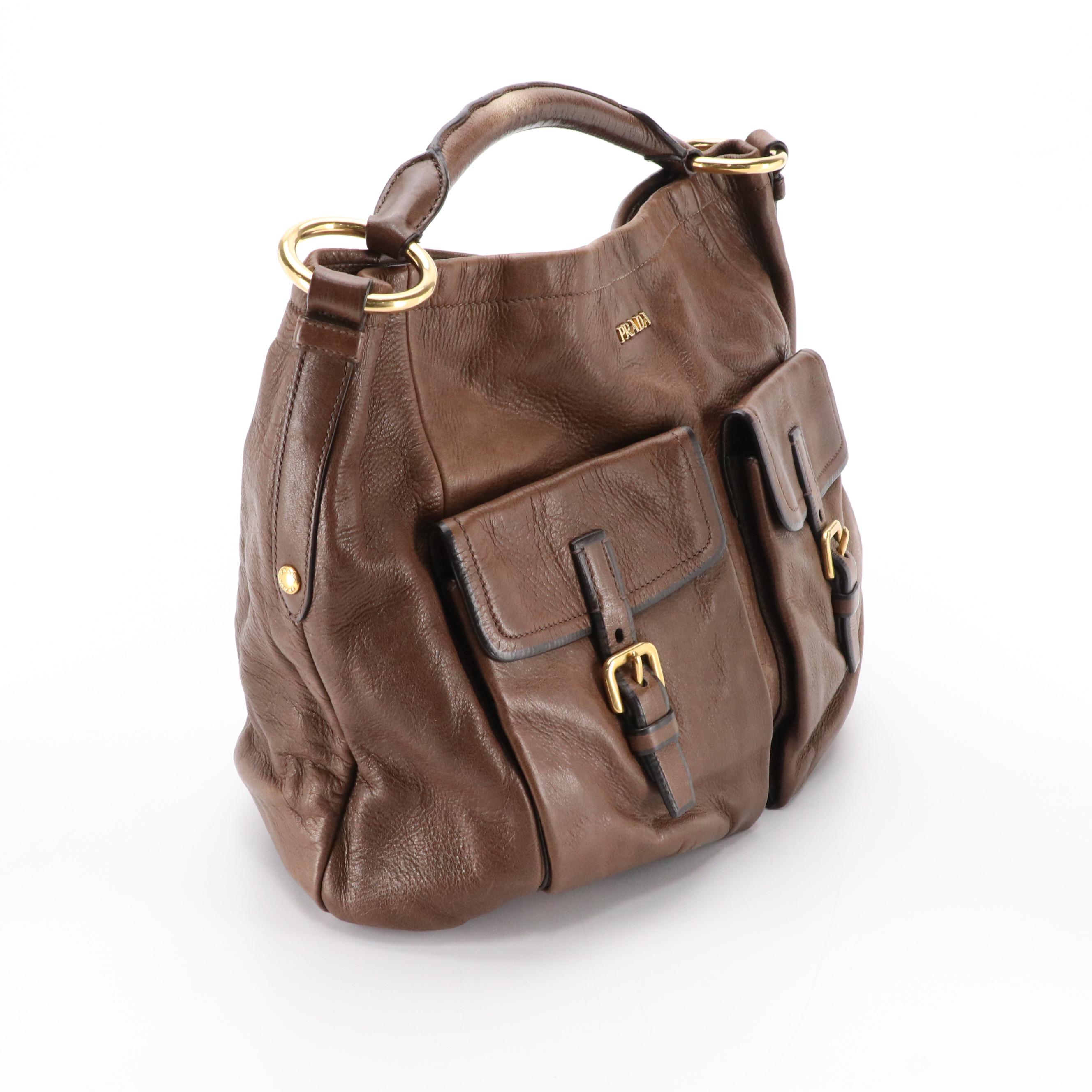 Prada Cervo Shine Leather Hobo Bag in Teak with Black Trim