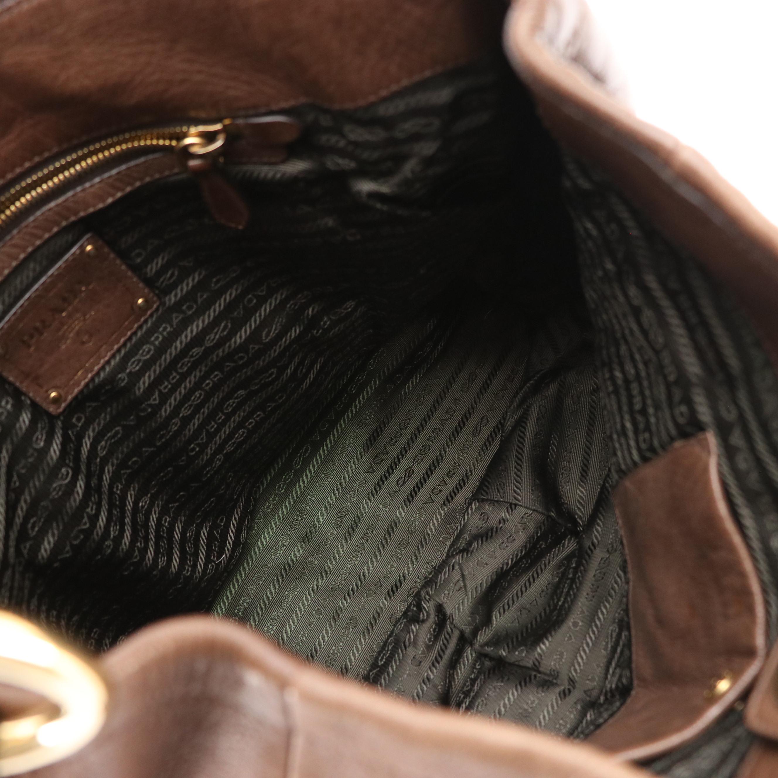 Prada Cervo Shine Leather Hobo Bag in Teak with Black Trim