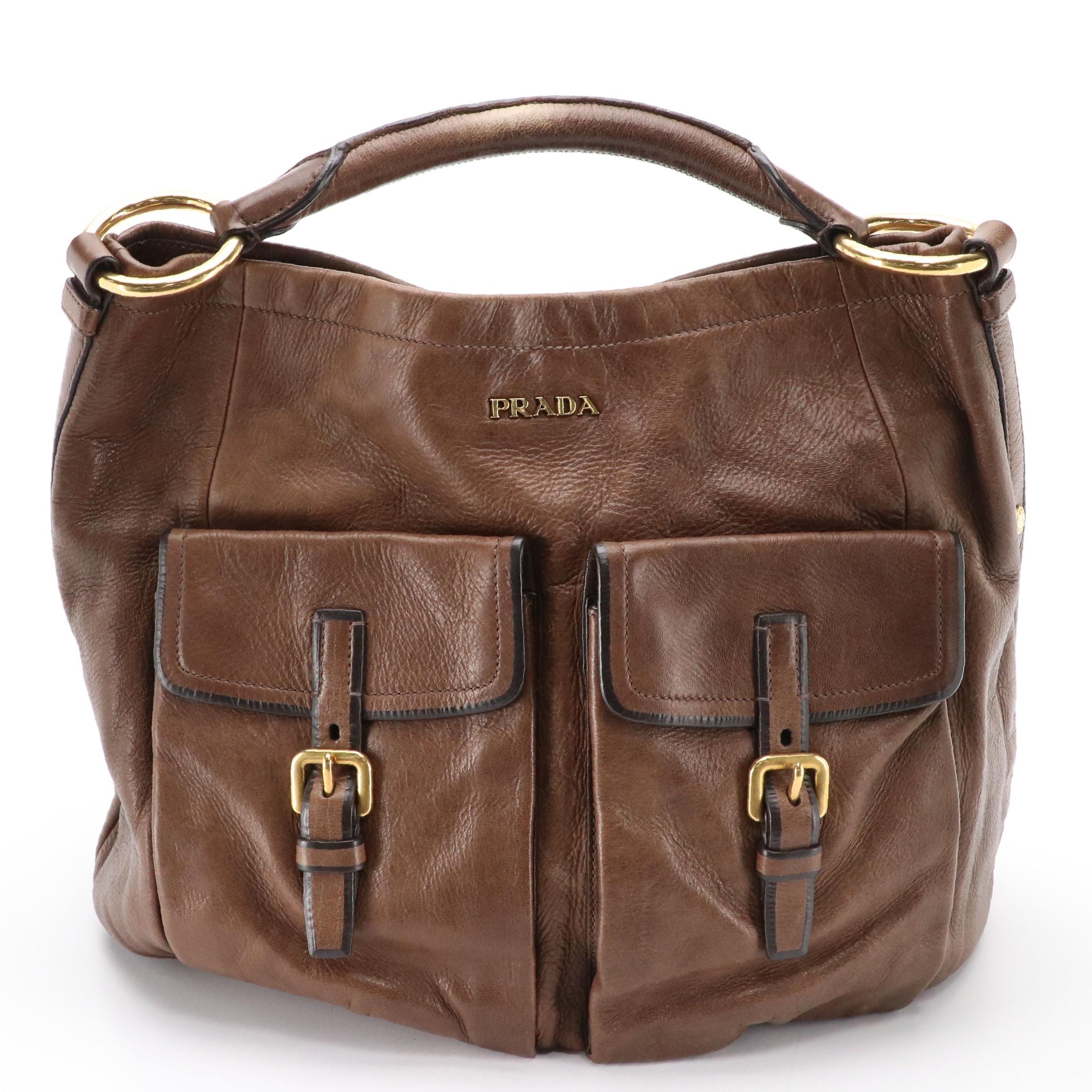 Prada Cervo Shine Leather Hobo Bag in Teak with Black Trim