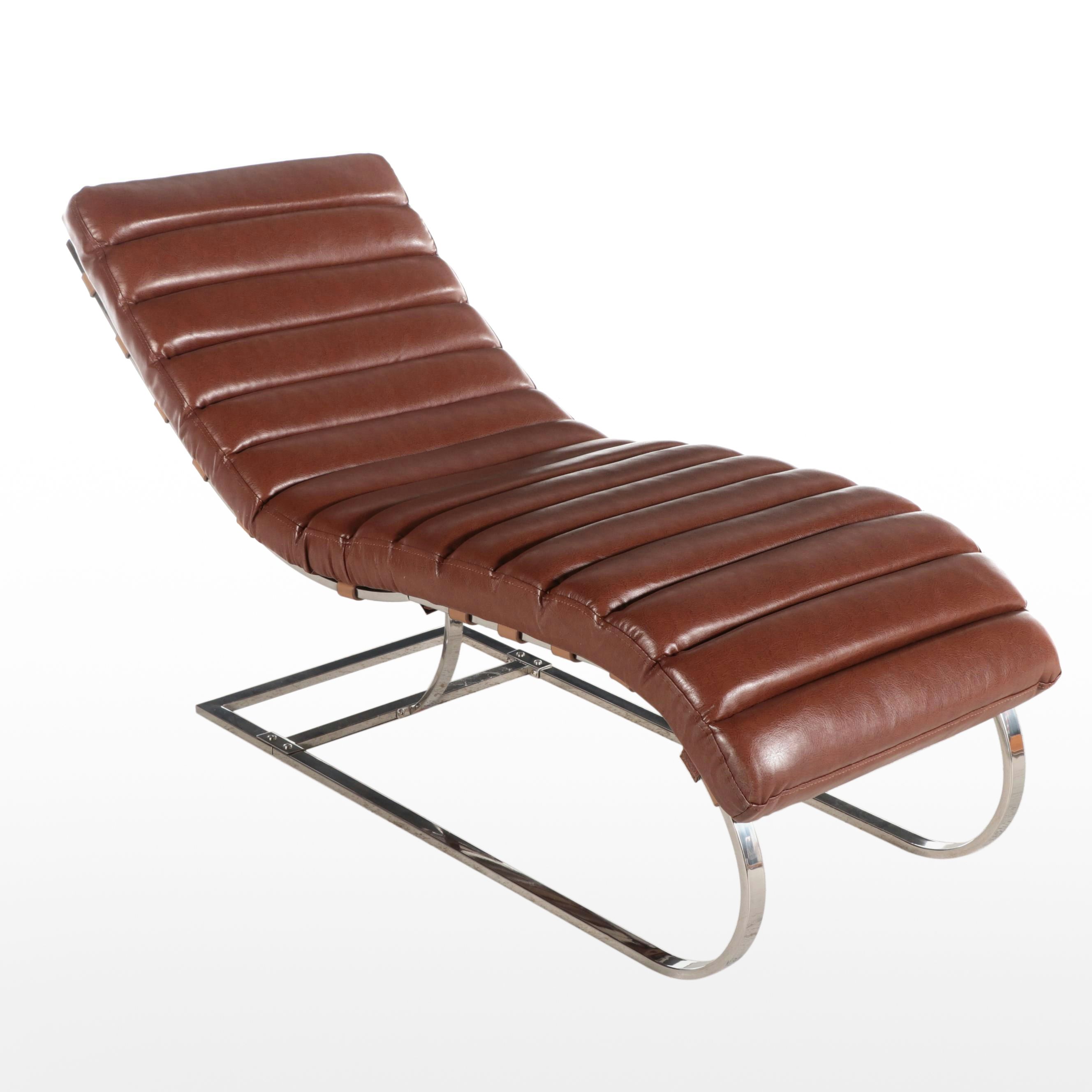 Mid Century Modern Style Chrome and Leather Chaise, Manner of Mies van der Rohe