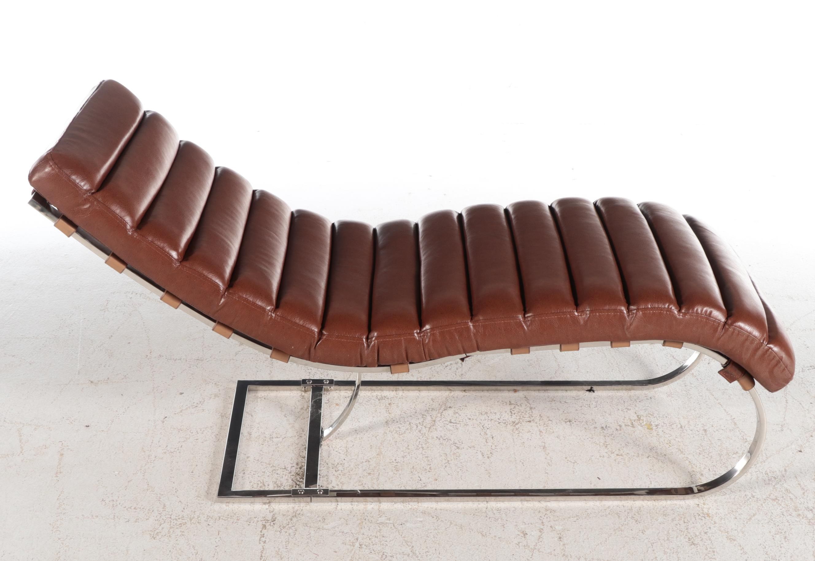 Mid Century Modern Style Chrome and Leather Chaise, Manner of Mies van der Rohe