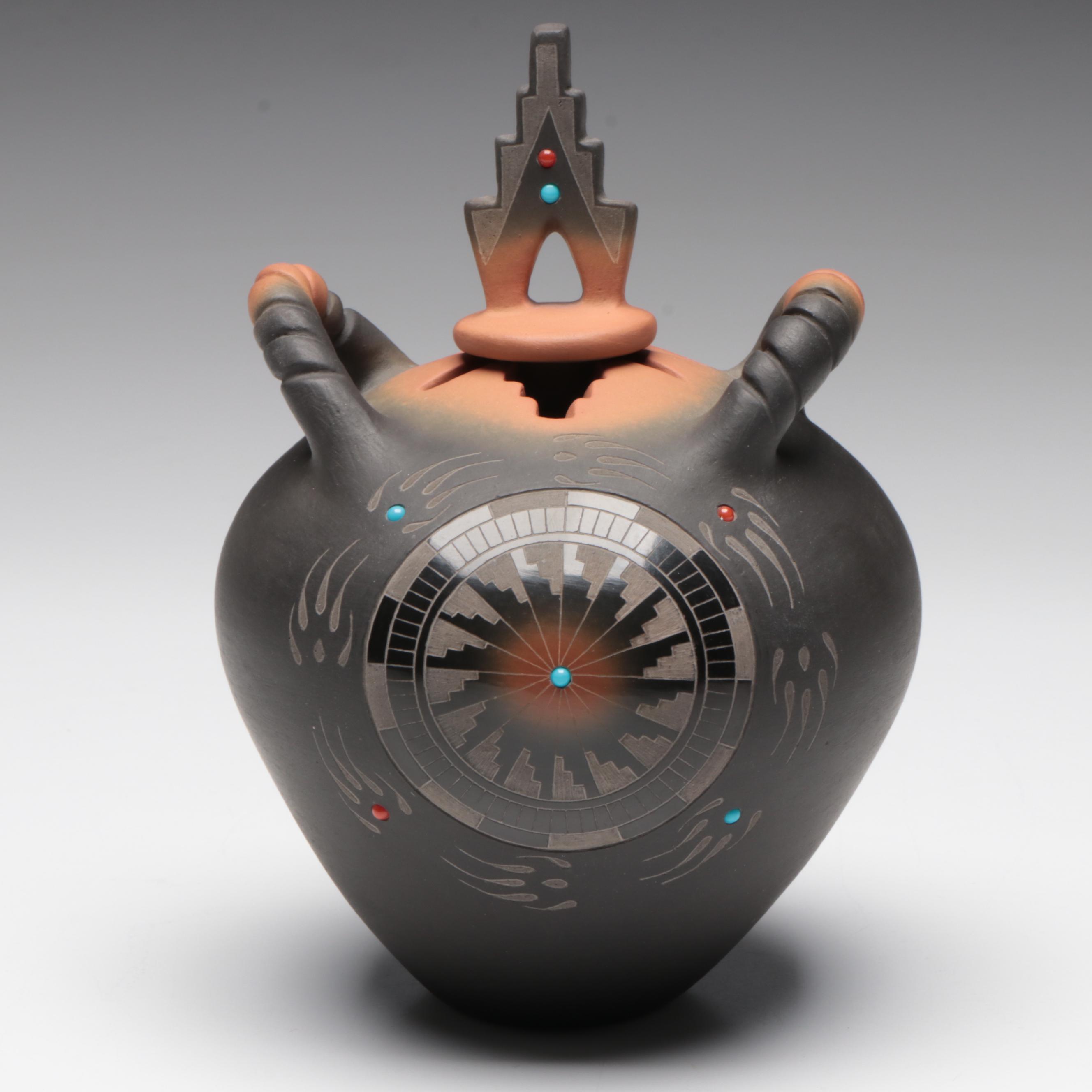 Ron Suazo Santa Clara Pueblo Sgraffito Art Pottery Lidded and Handled Vessel