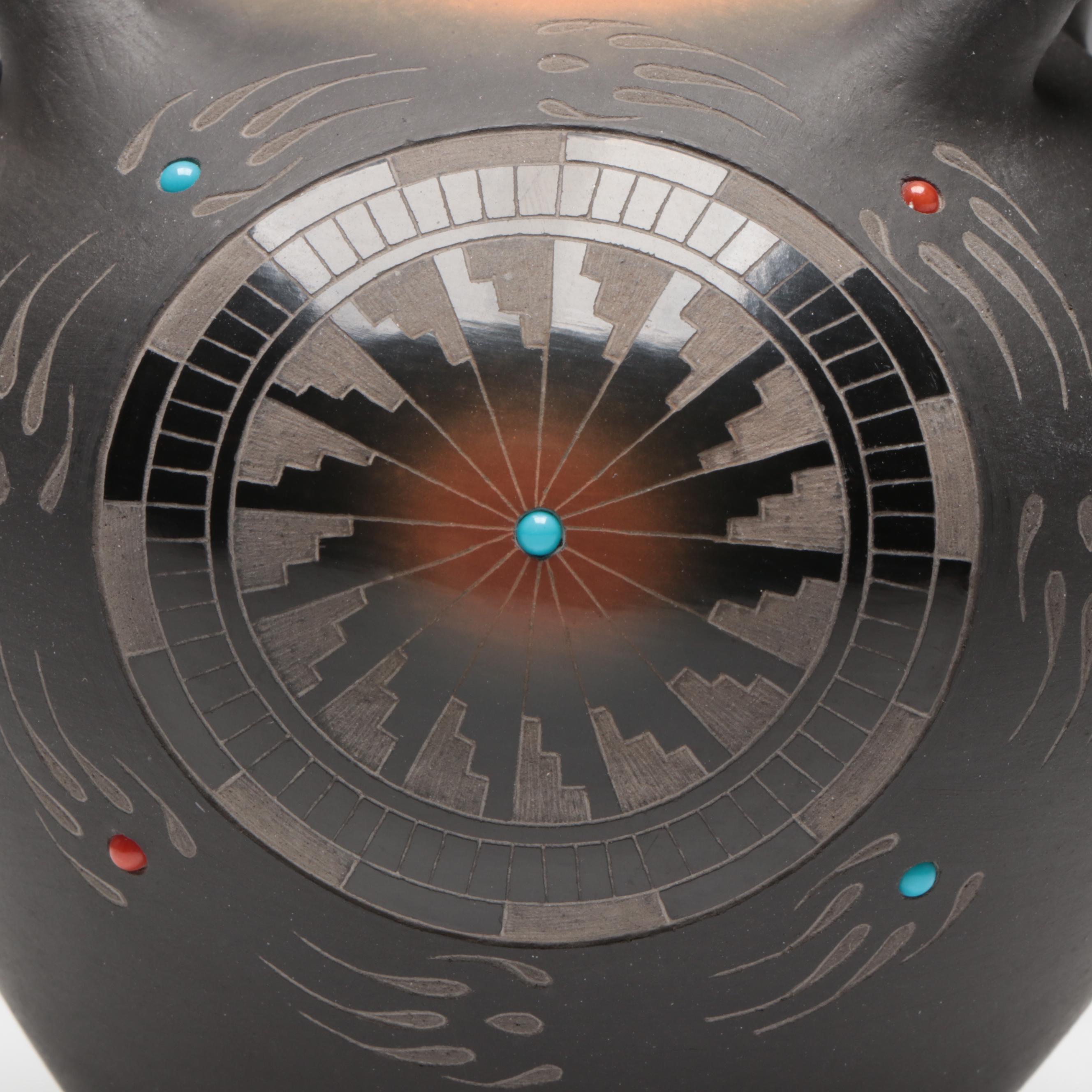 Ron Suazo Santa Clara Pueblo Sgraffito Art Pottery Lidded and Handled Vessel