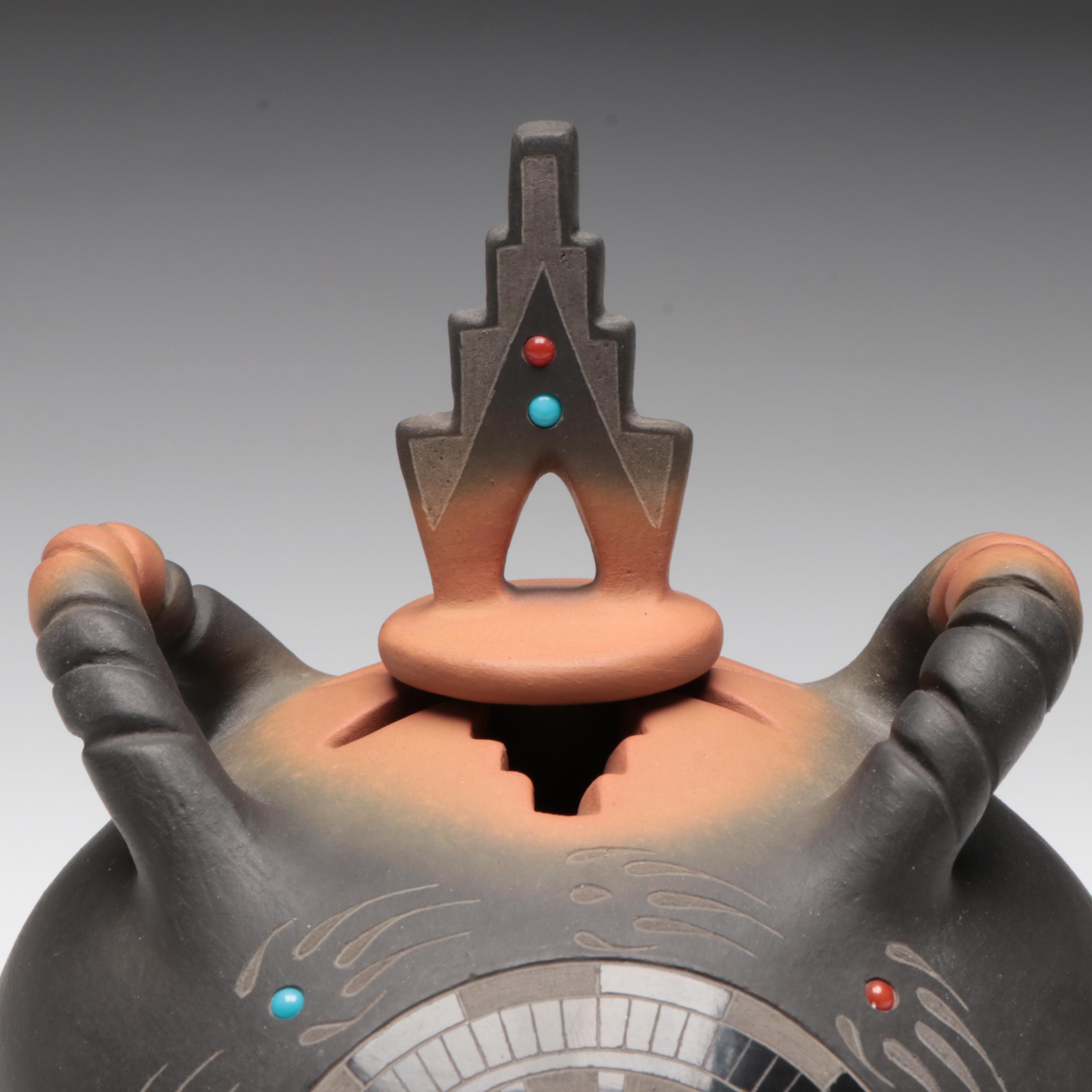 Ron Suazo Santa Clara Pueblo Sgraffito Art Pottery Lidded and Handled Vessel