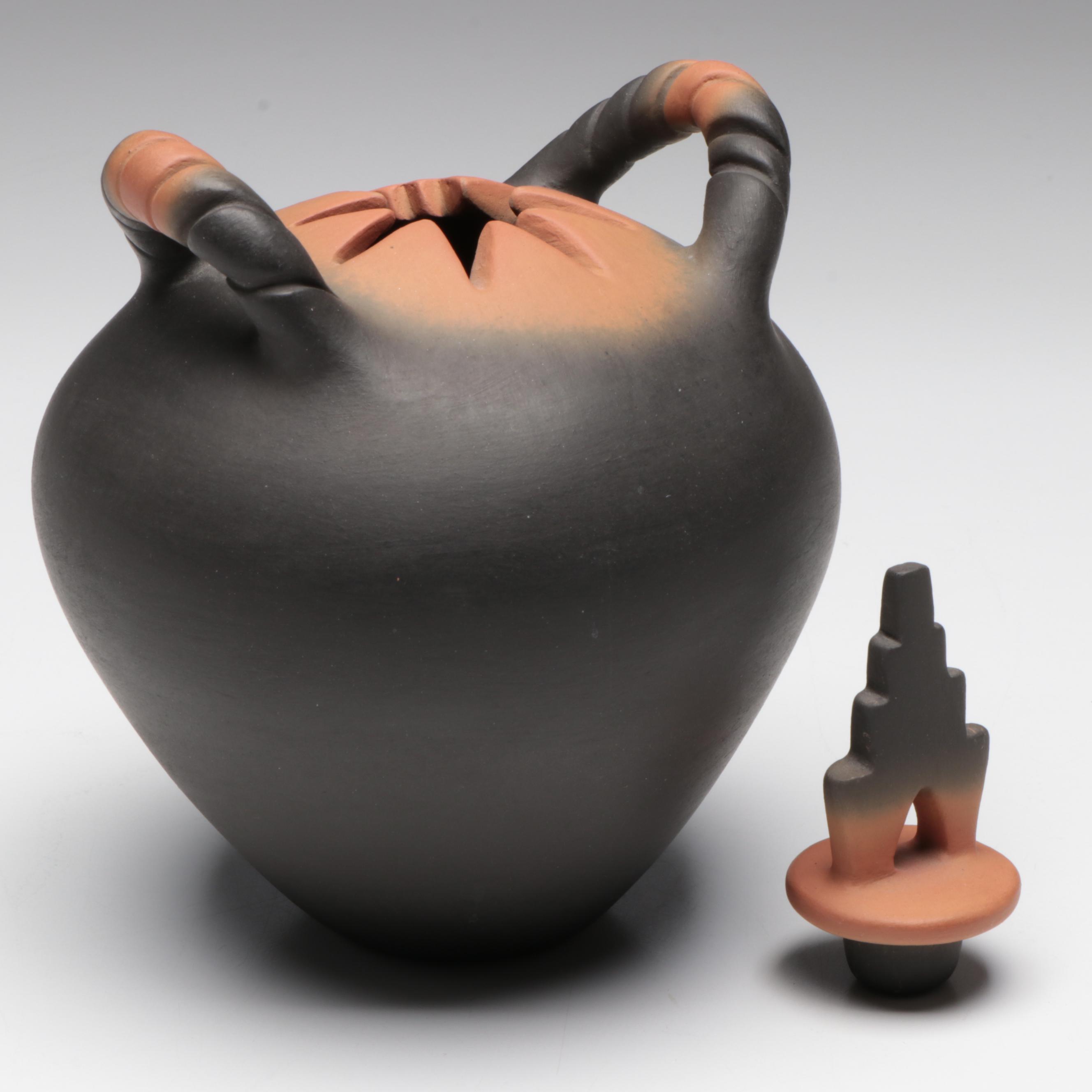 Ron Suazo Santa Clara Pueblo Sgraffito Art Pottery Lidded and Handled Vessel