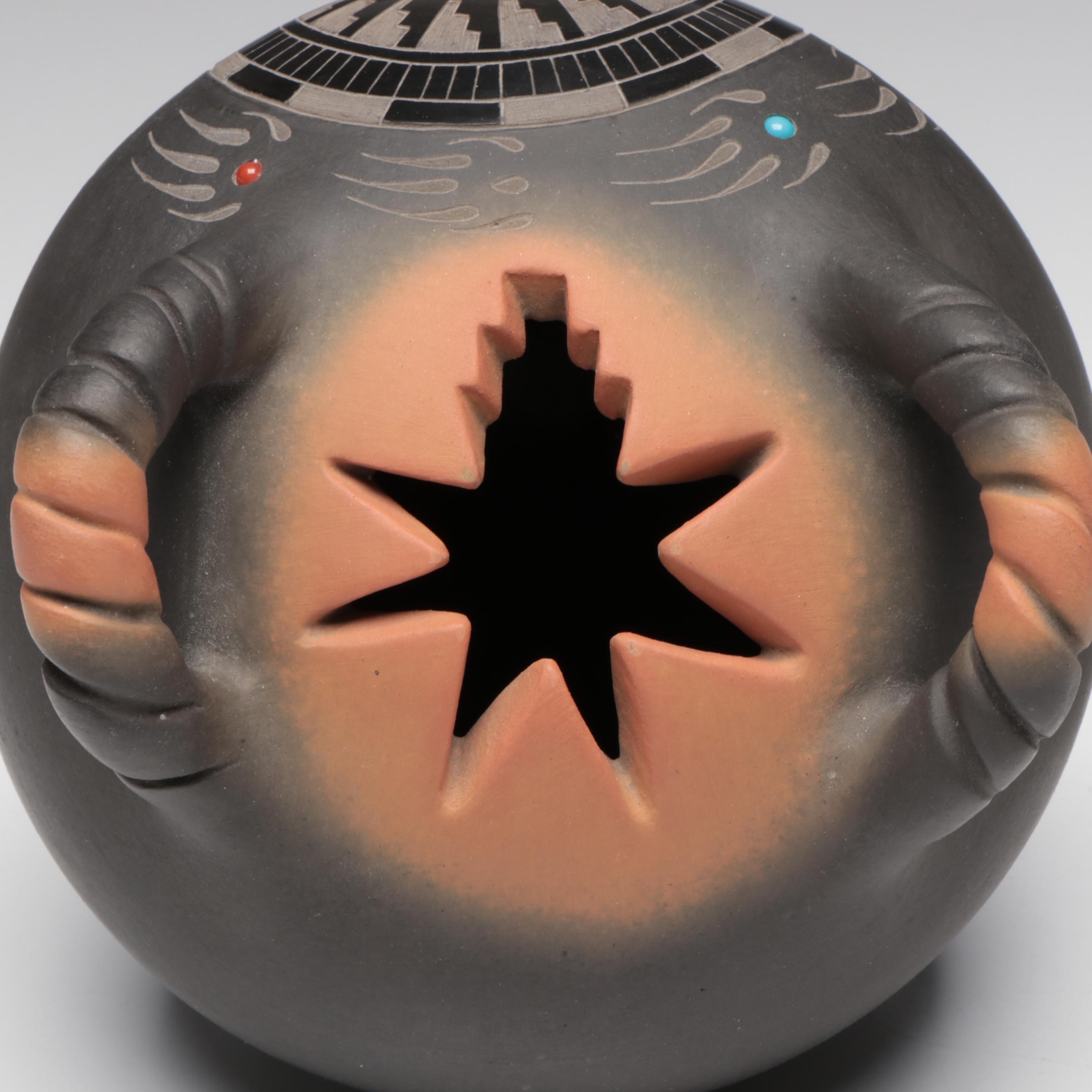 Ron Suazo Santa Clara Pueblo Sgraffito Art Pottery Lidded and Handled Vessel