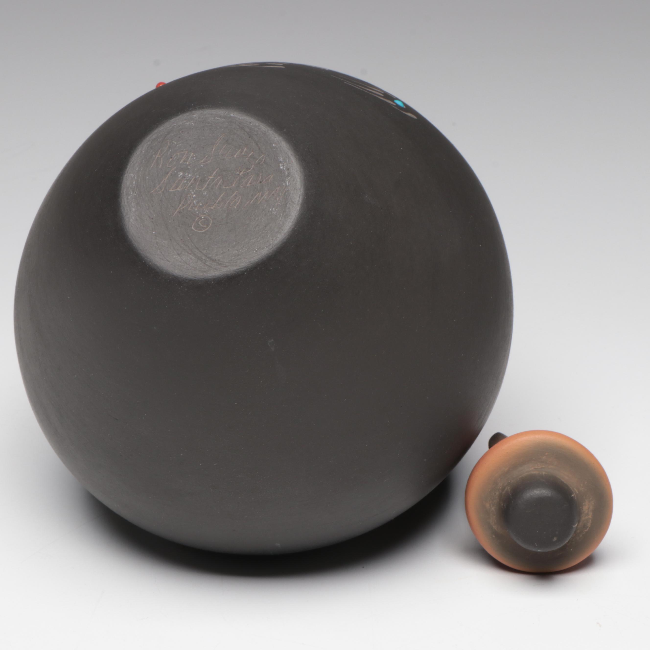 Ron Suazo Santa Clara Pueblo Sgraffito Art Pottery Lidded and Handled Vessel