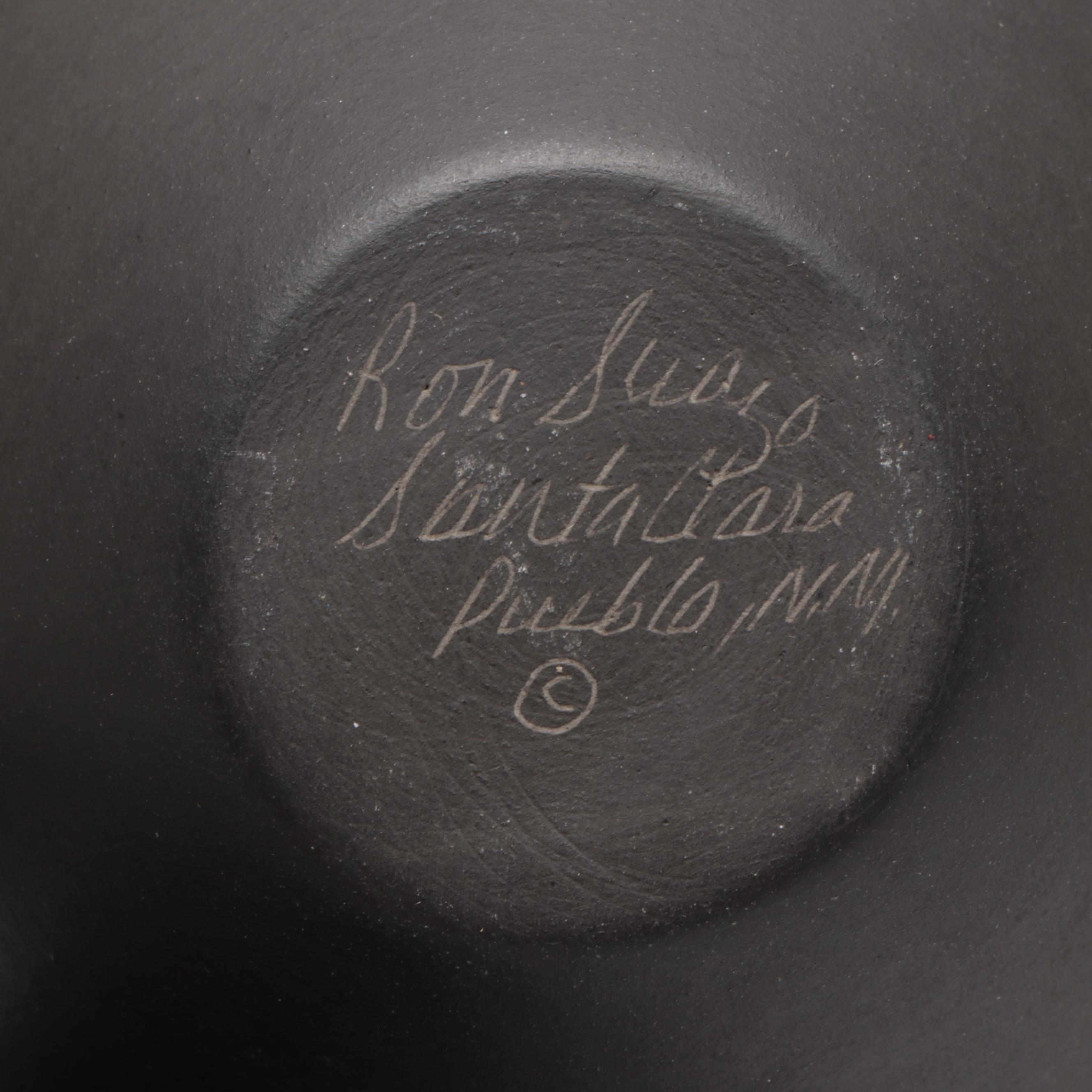 Ron Suazo Santa Clara Pueblo Sgraffito Art Pottery Lidded and Handled Vessel