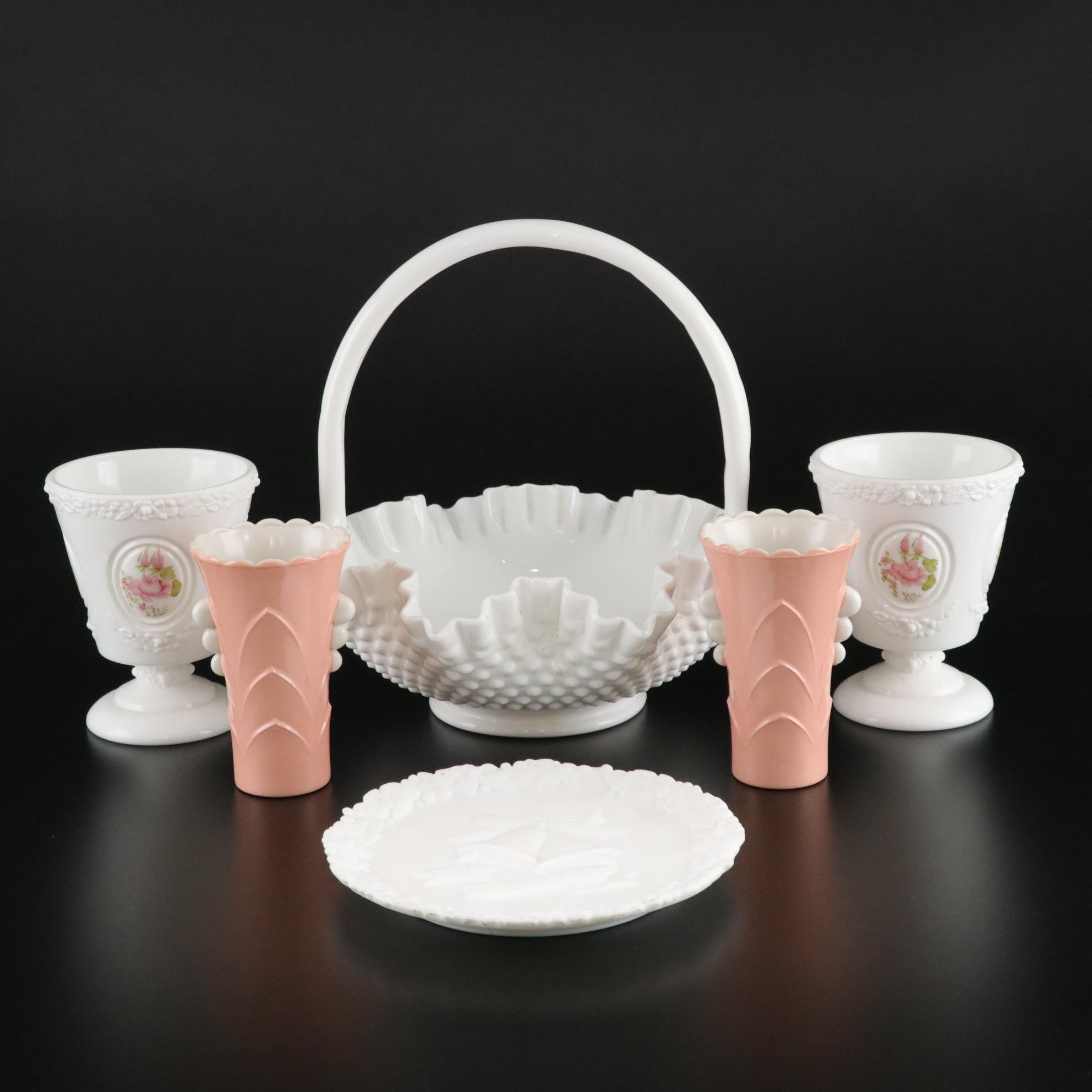 Fenton Milk Glass Basket and Hand-Painted Vases with Anchor Hocking Glass & More